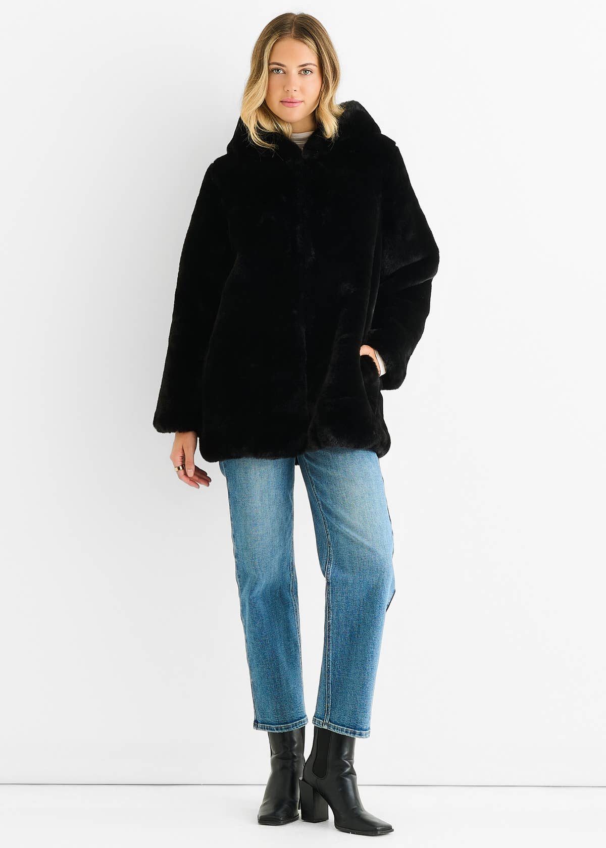 Black Hooded Long Sleeve Faux Fur Jacket – View 1 | Gini London