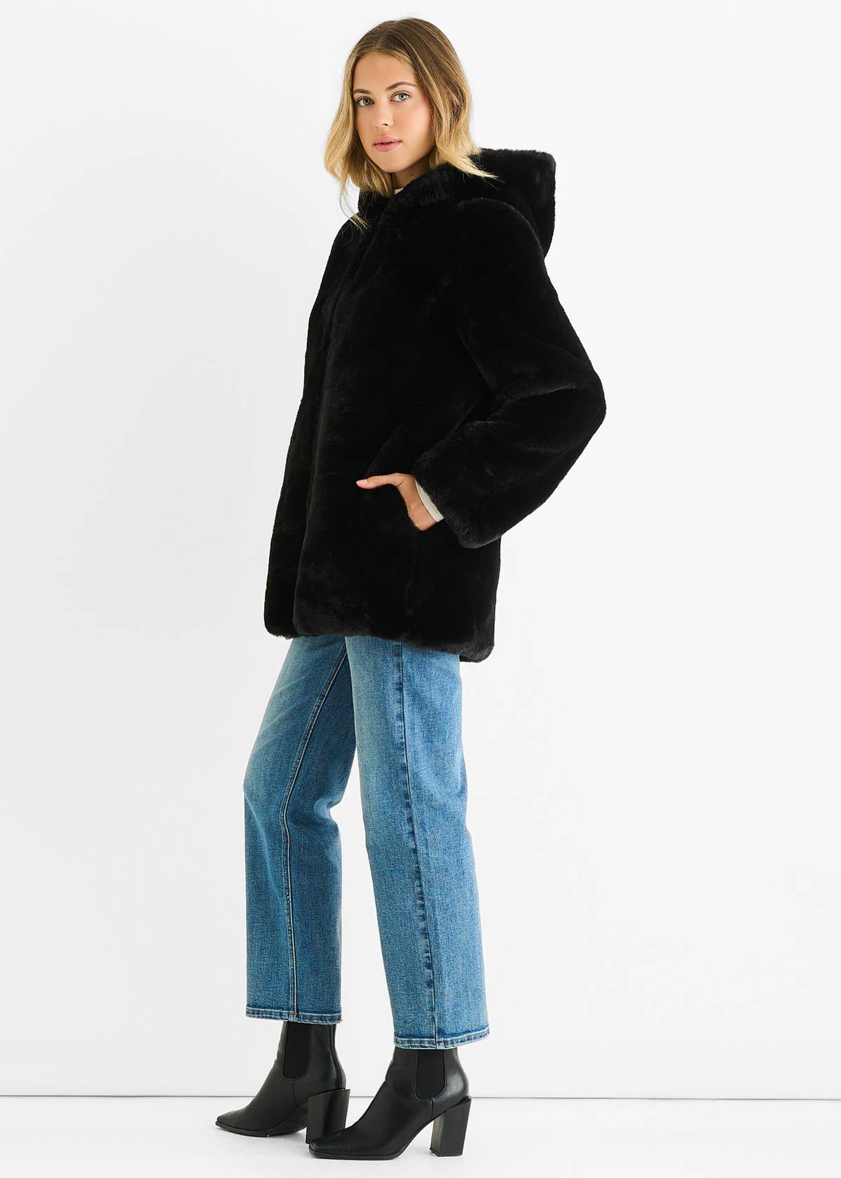 Black Hooded Long Sleeve Faux Fur Jacket – View 4 | Gini London