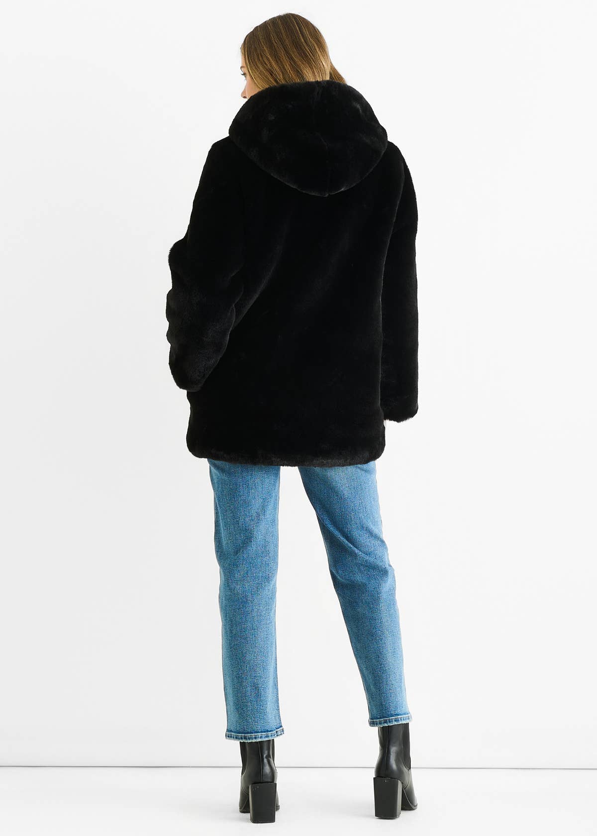 Black Hooded Long Sleeve Faux Fur Jacket – View 2 | Gini London