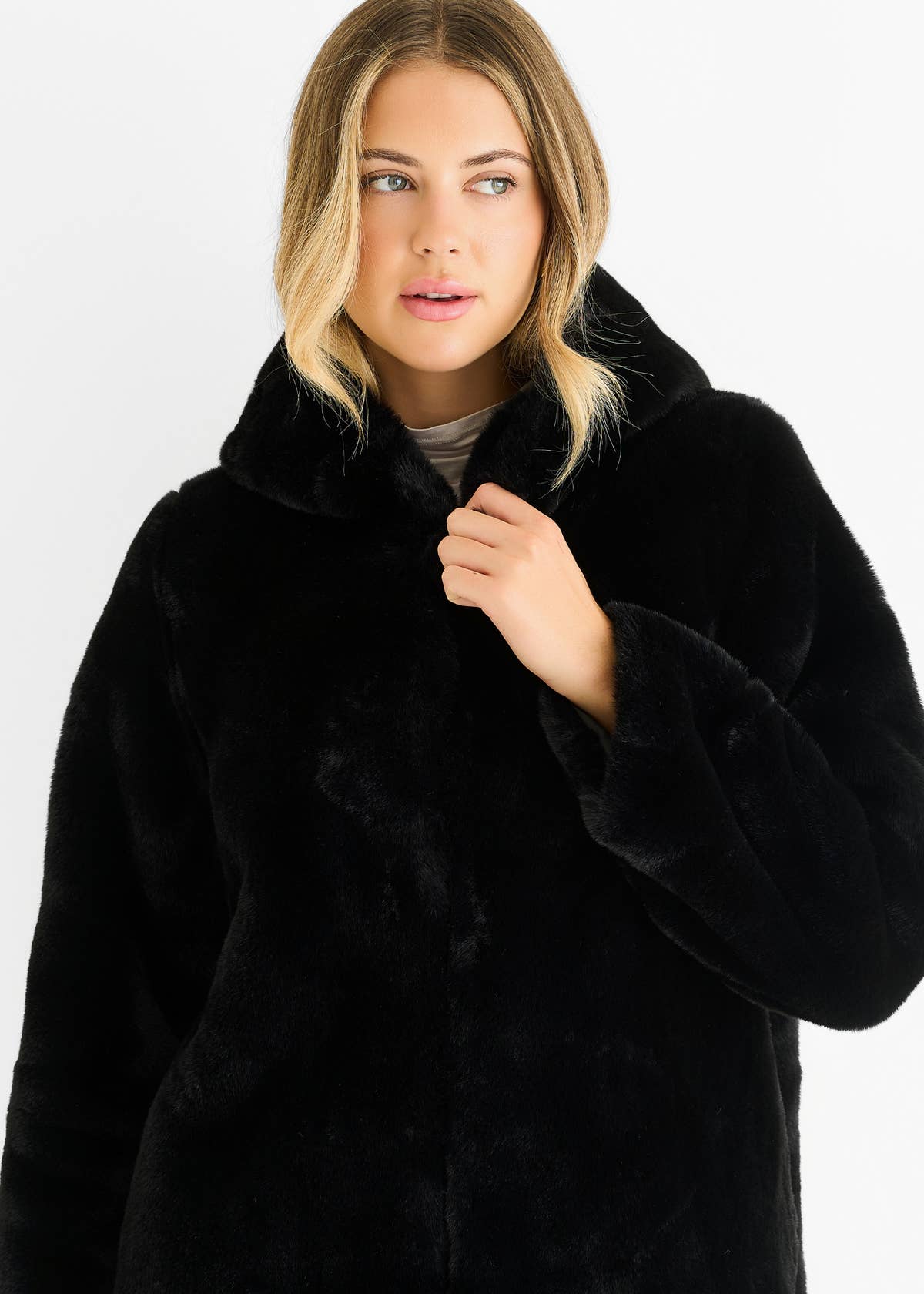 Black Hooded Long Sleeve Faux Fur Jacket – View 3 | Gini London
