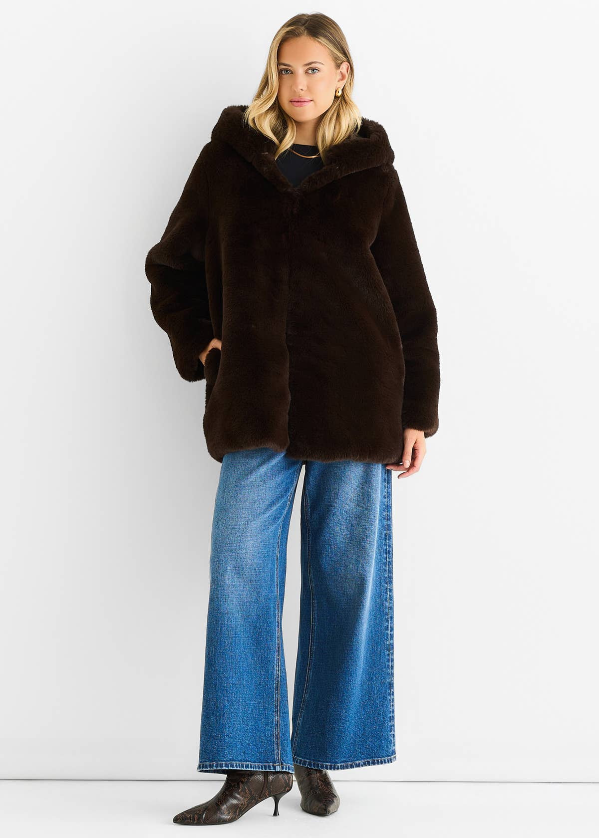 Chocolate Hooded Long Sleeve Faux Fur Jacket – View 2 | Gini London