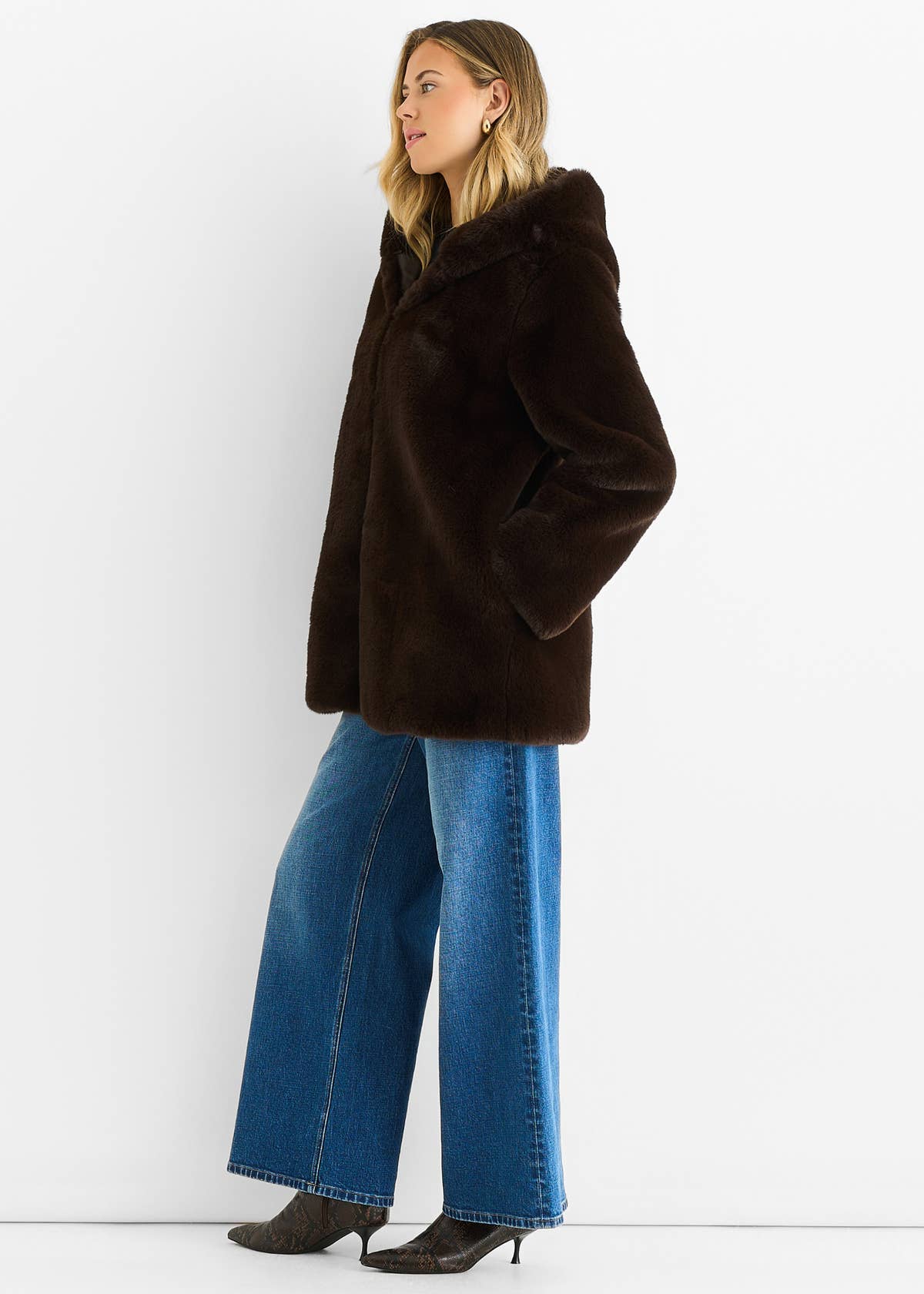 Chocolate Hooded Long Sleeve Faux Fur Jacket – View 4 | Gini London