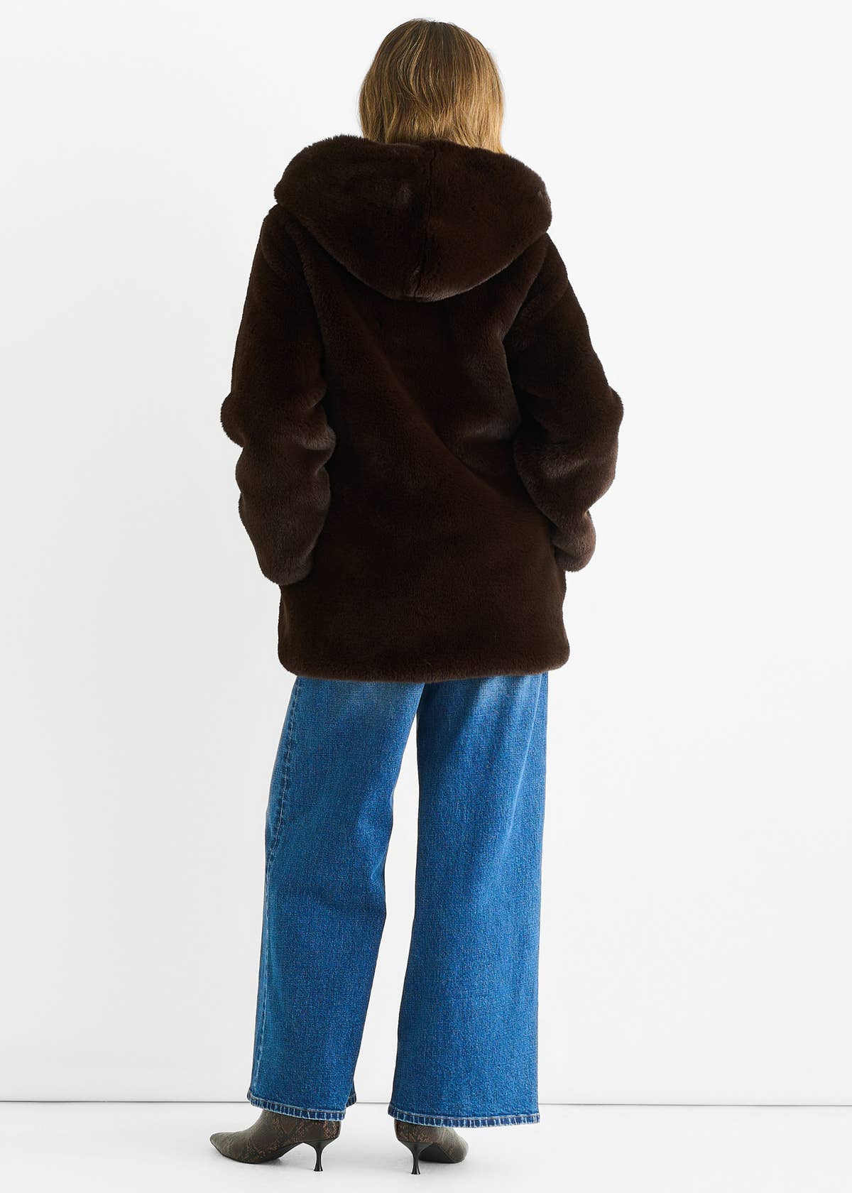 Chocolate Hooded Long Sleeve Faux Fur Jacket – View 3 | Gini London