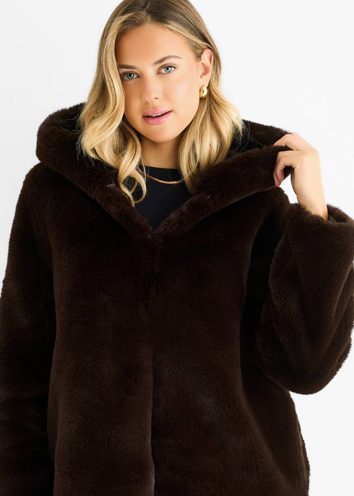 Chocolate Hooded Long Sleeve Faux Fur Jacket – View 1 | Gini London