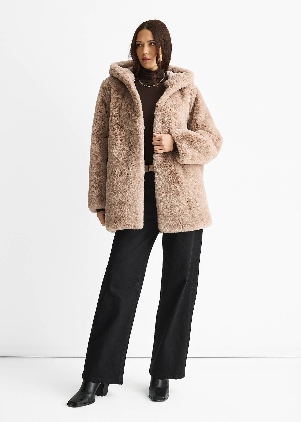 Mink Hooded Long Sleeve Faux Fur Jacket – View 1 | Gini London