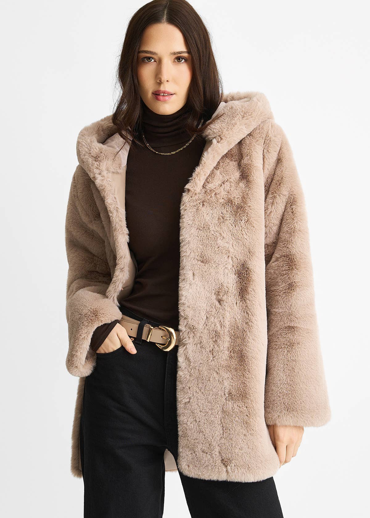 Mink Hooded Long Sleeve Faux Fur Jacket – View 3 | Gini London