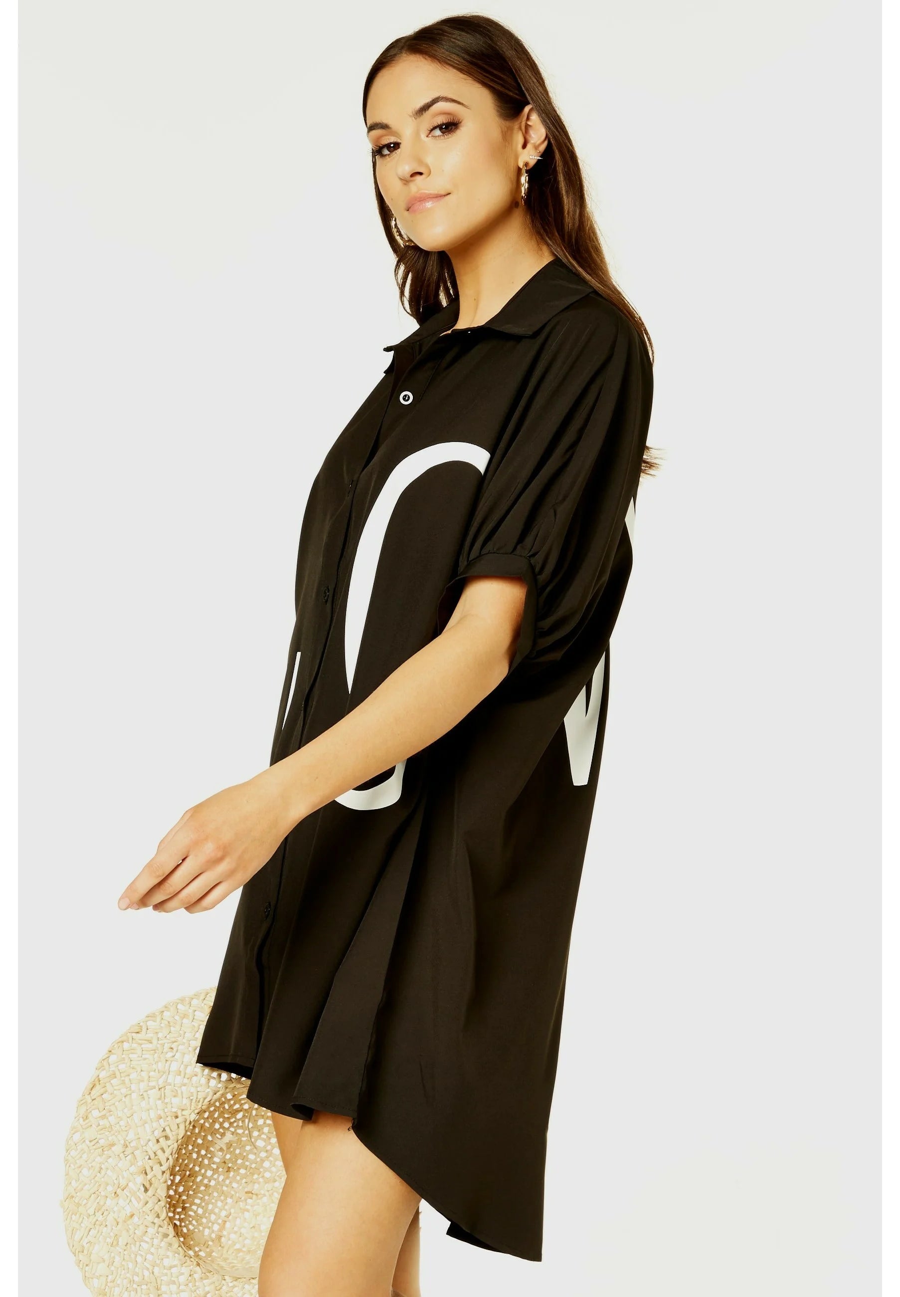 Black Oversized LOVE Batwinged Shirt Dress