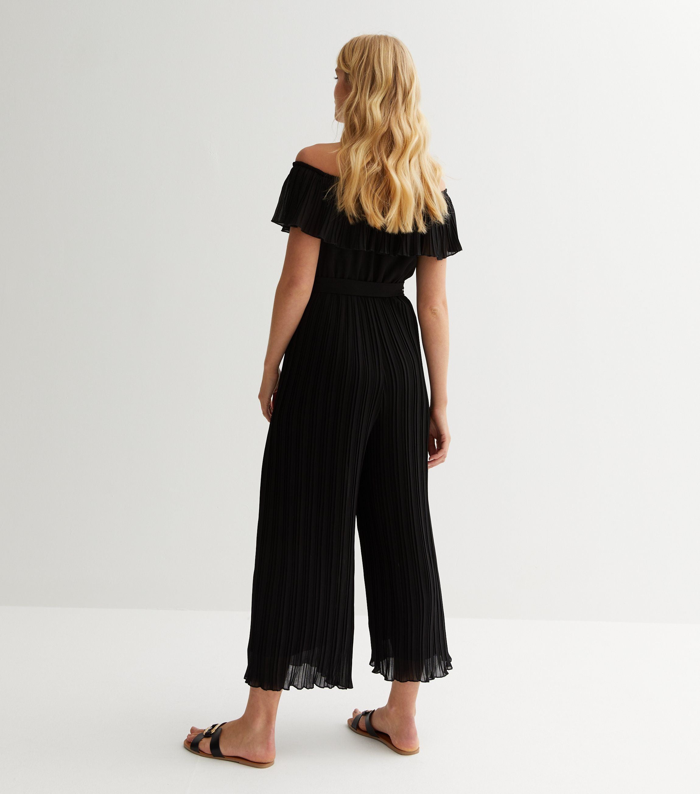 Black Pleated Bardot Ruffle Culotte Jumpsuit