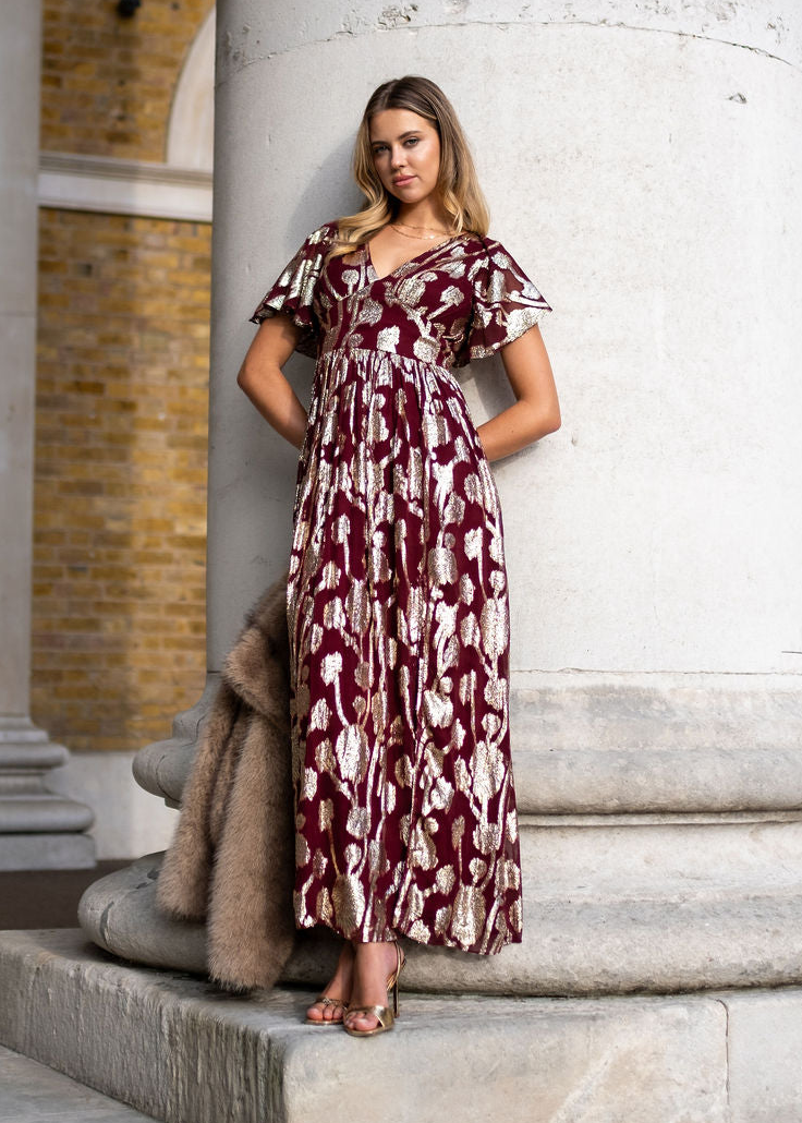 Metallic Jacquard Flutter Sleeves Floral Maxi Dress