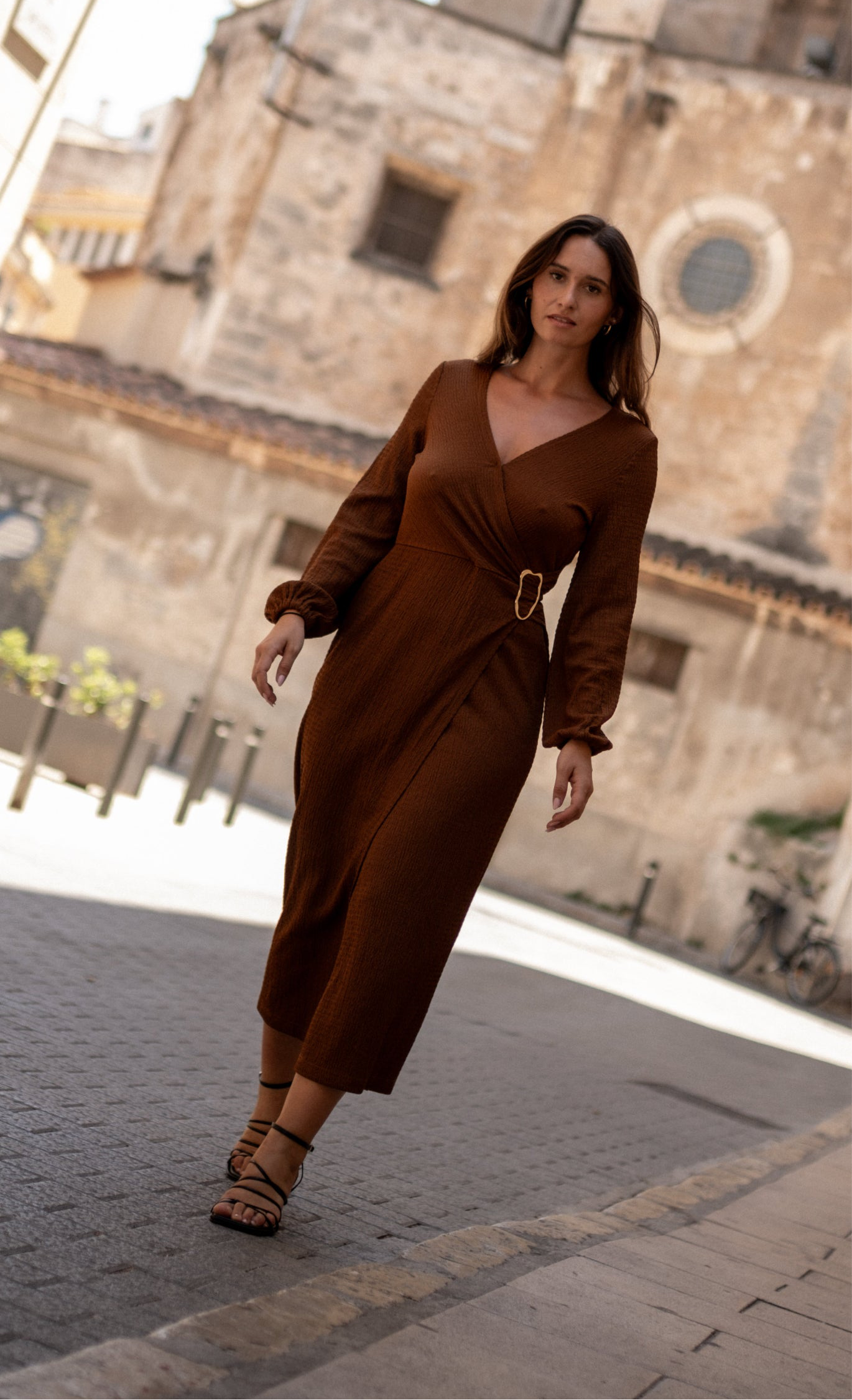 Jersey Texture Wrap Metal Trim Midi Dress