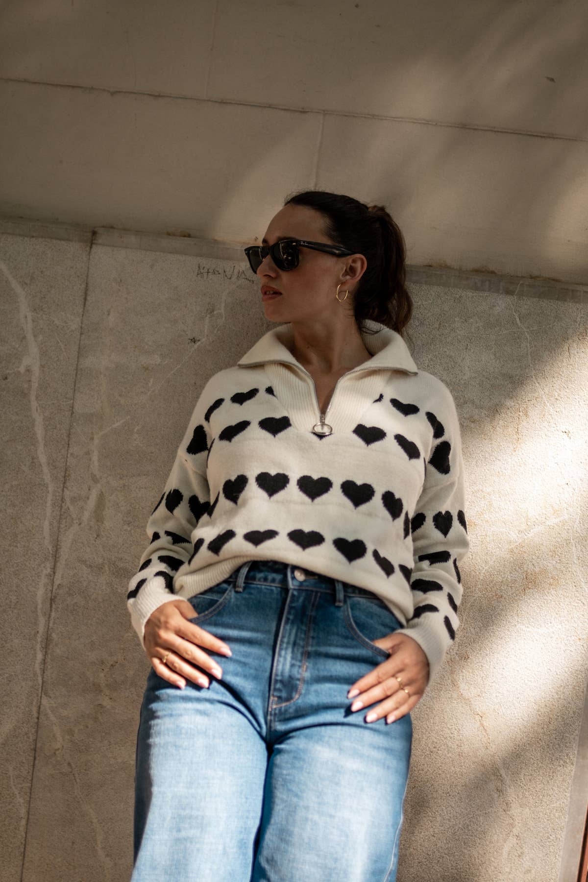 Cream Heart Zip Up Loose Fit Knit Jumper – View 3 | Gini London