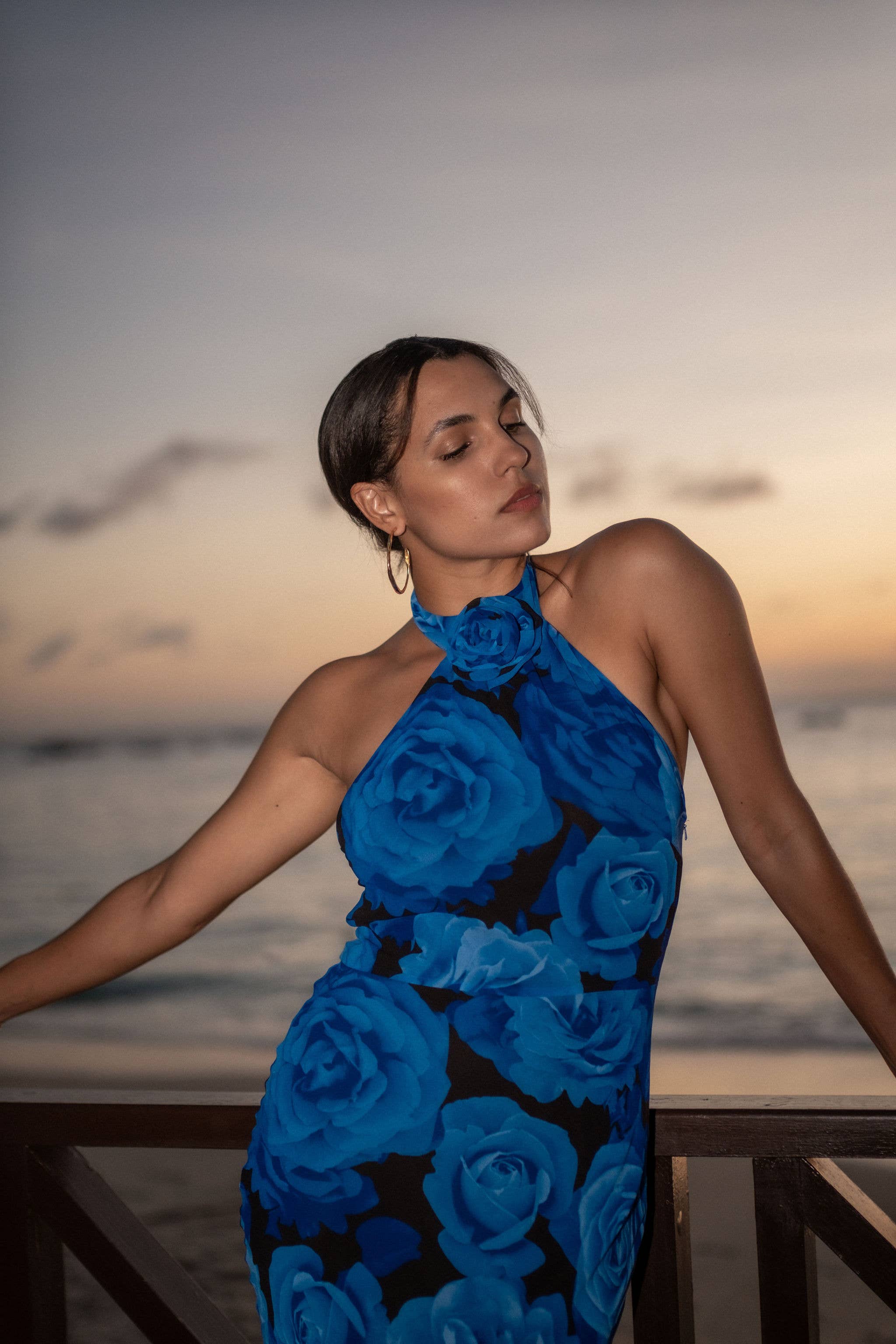 Blue Floral Occasion Halter Maxi Dress