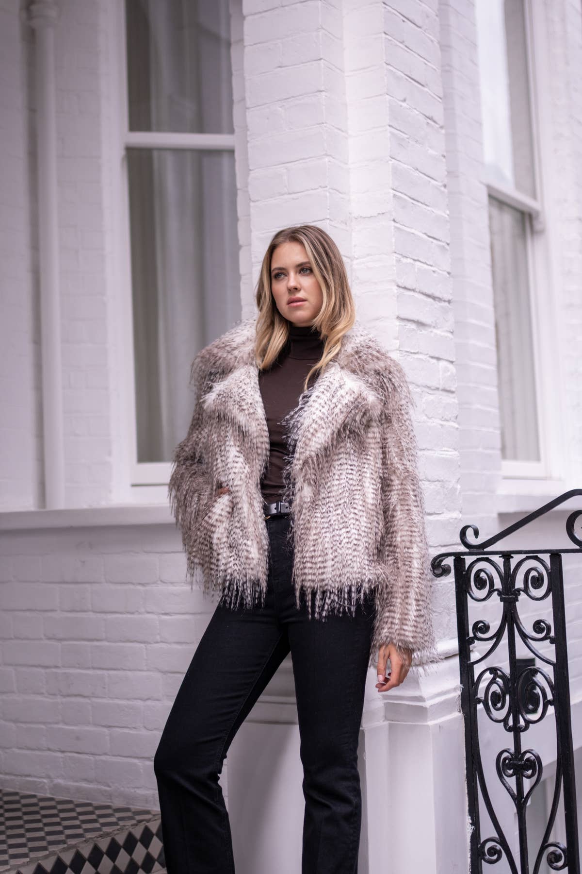 Brown Snow Leopard Faux Fur Short Jacket – View 1 | Gini London