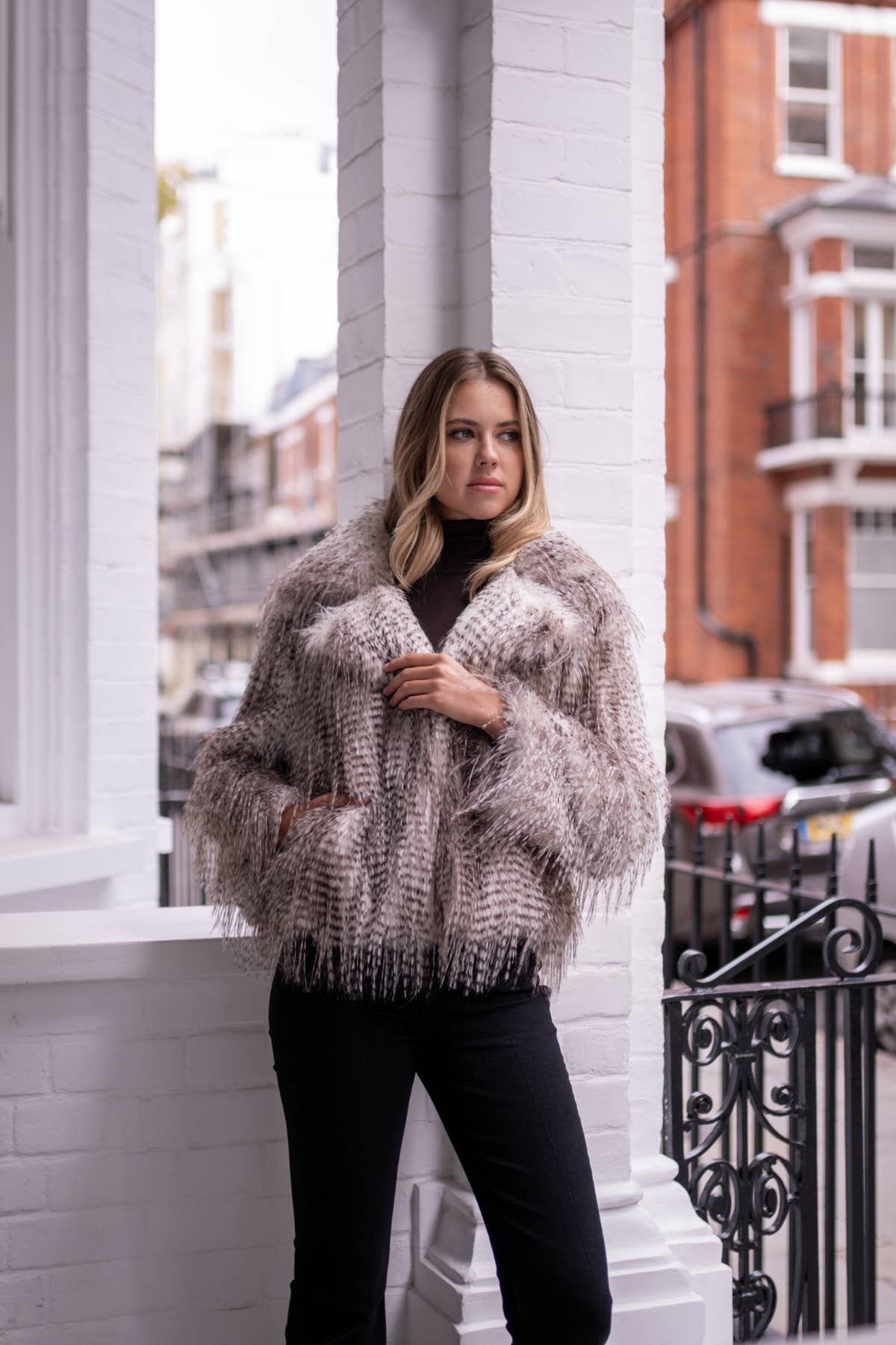 Brown Snow Leopard Faux Fur Short Jacket – View 3 | Gini London
