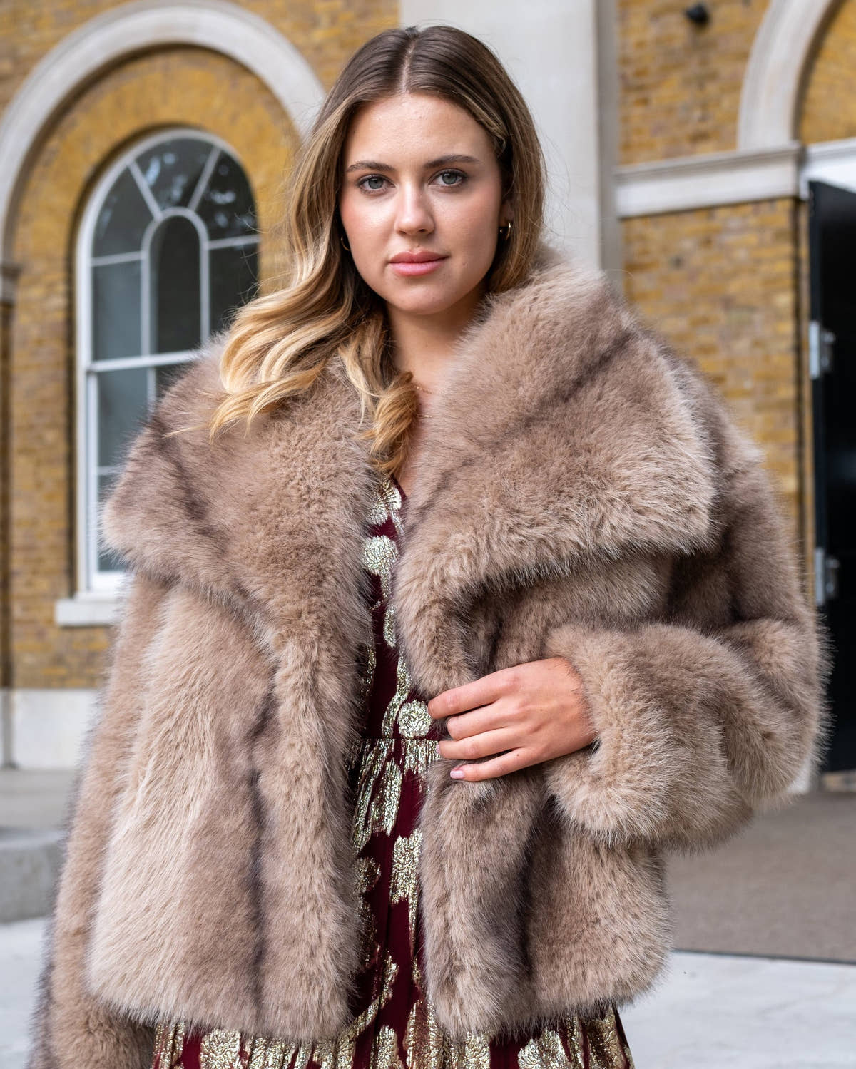 Camel Ombre Lapel Faux Fur Jacket – View 1 | Gini London