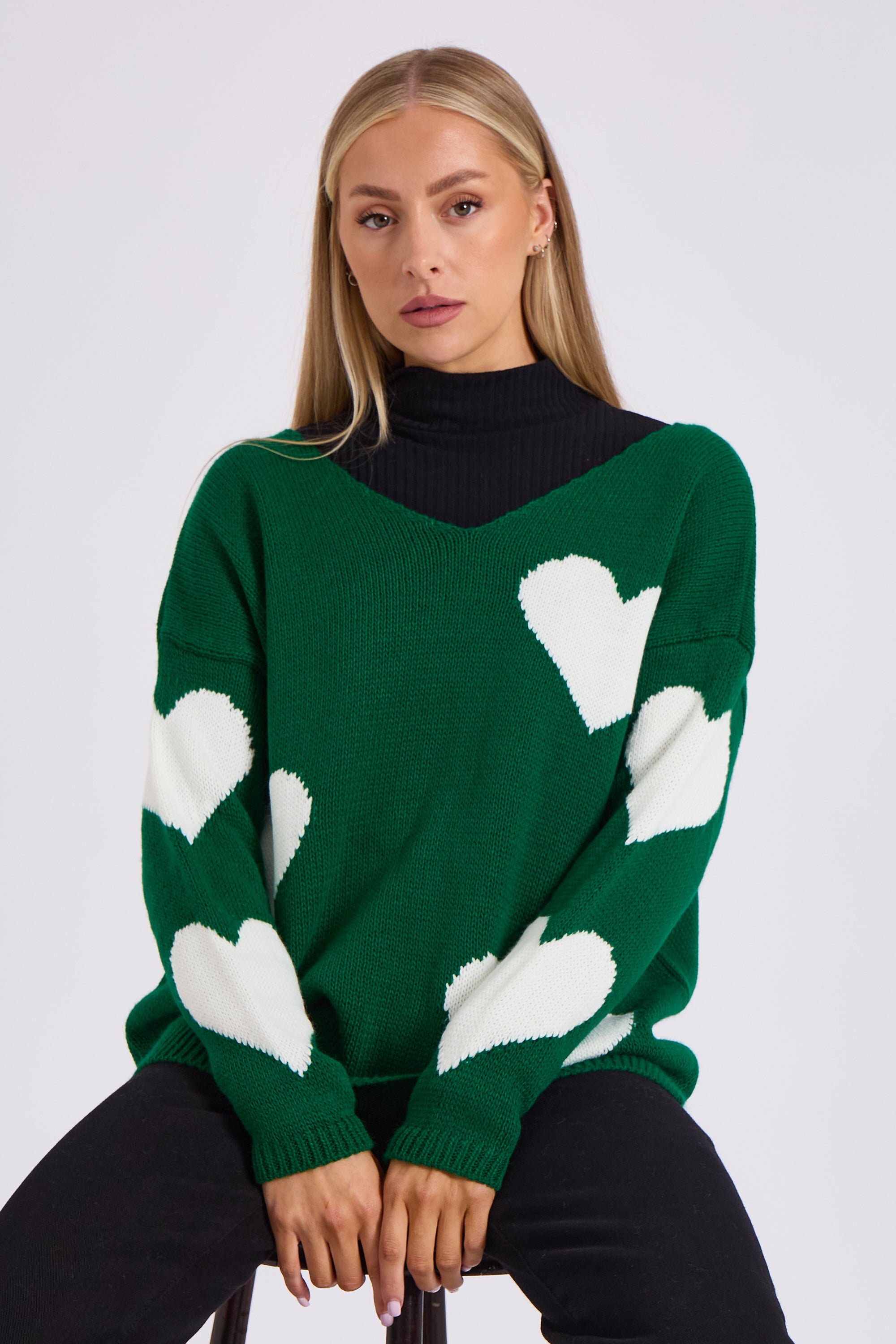 Green V Neck Oversized Heart Knit Jumper