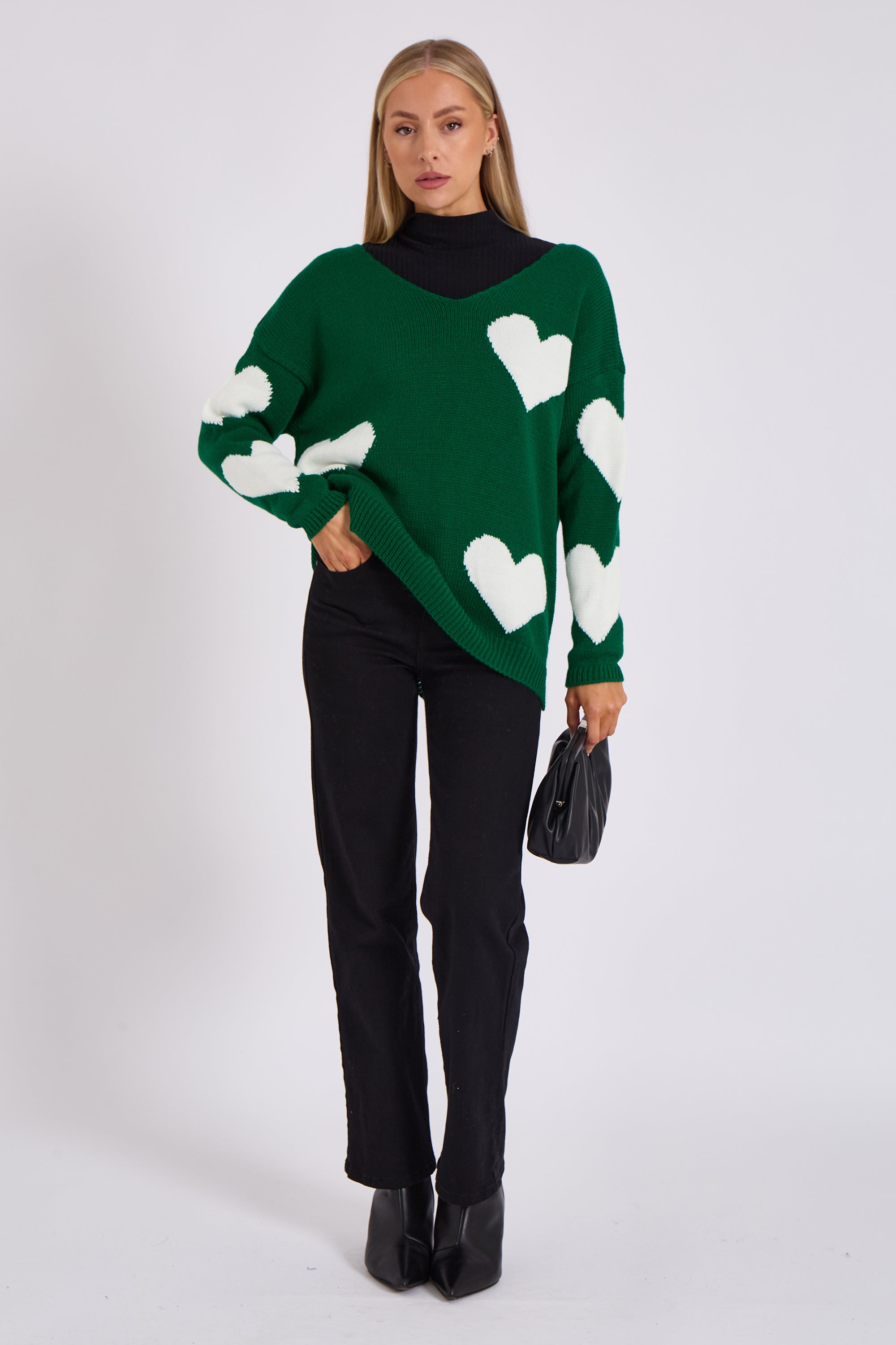 Green V Neck Oversized Heart Knit Jumper