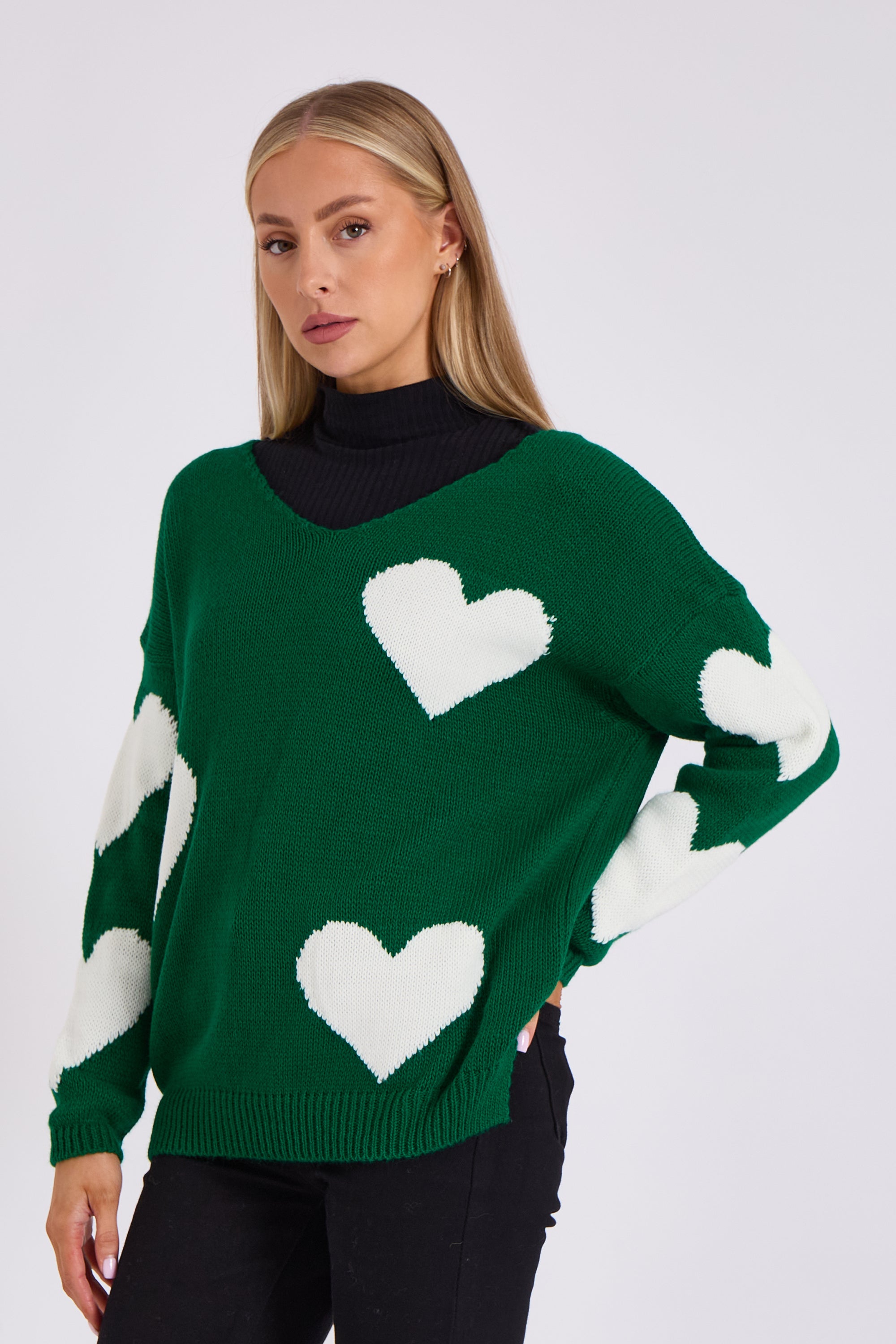 Green V Neck Oversized Heart Knit Jumper