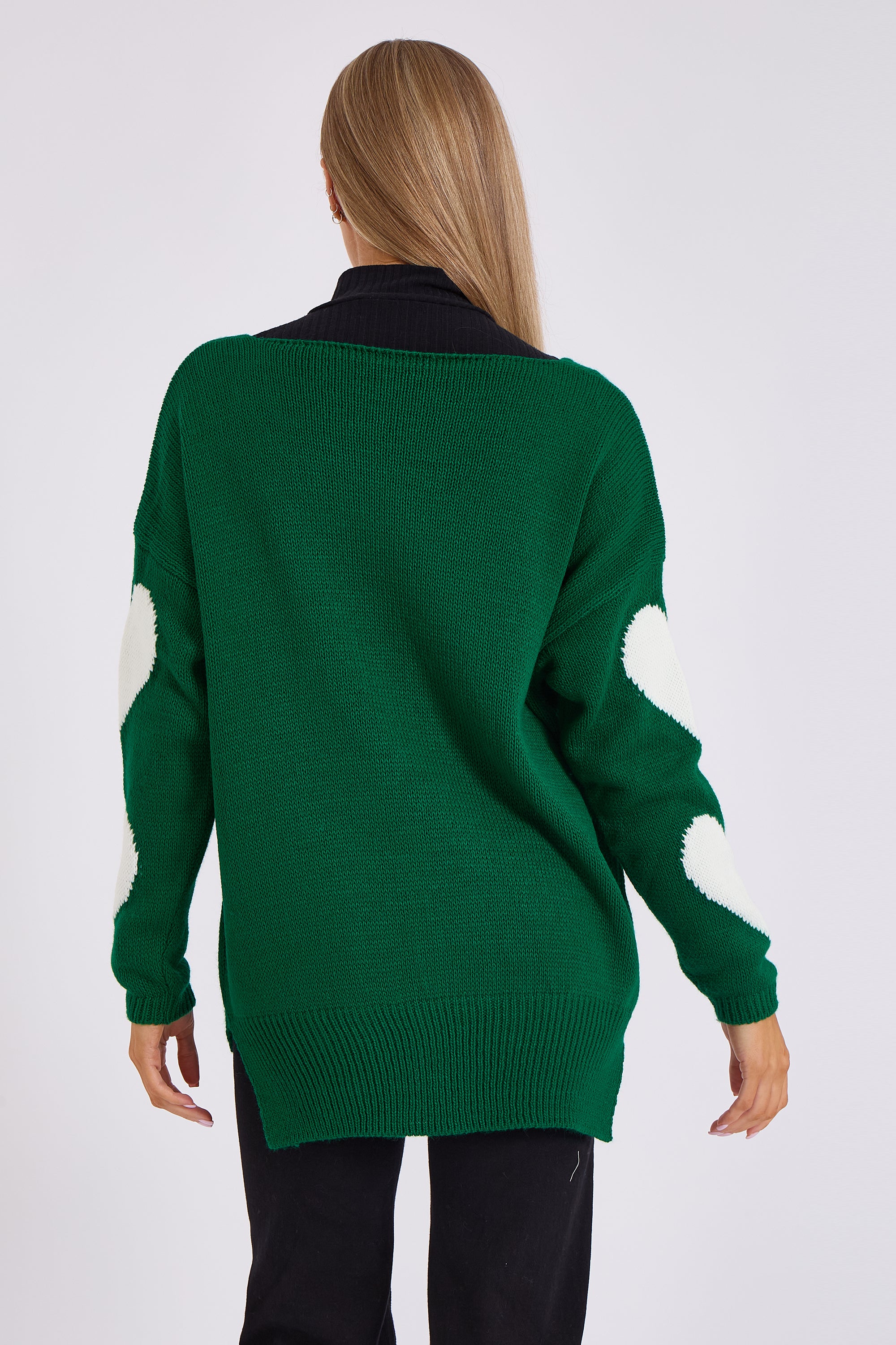 Green V Neck Oversized Heart Knit Jumper