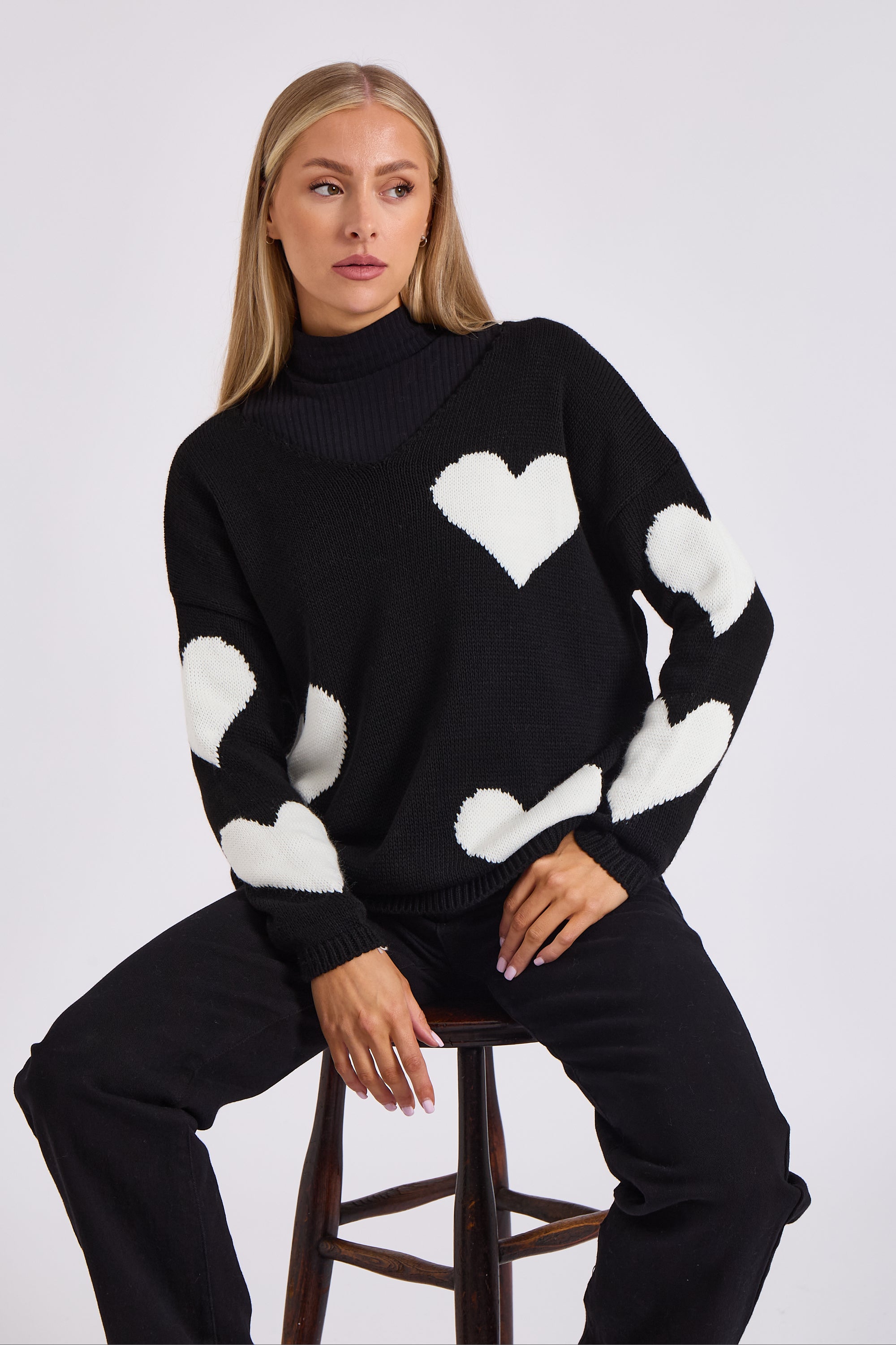 Black V Neck Oversized Heart Knit Jumper