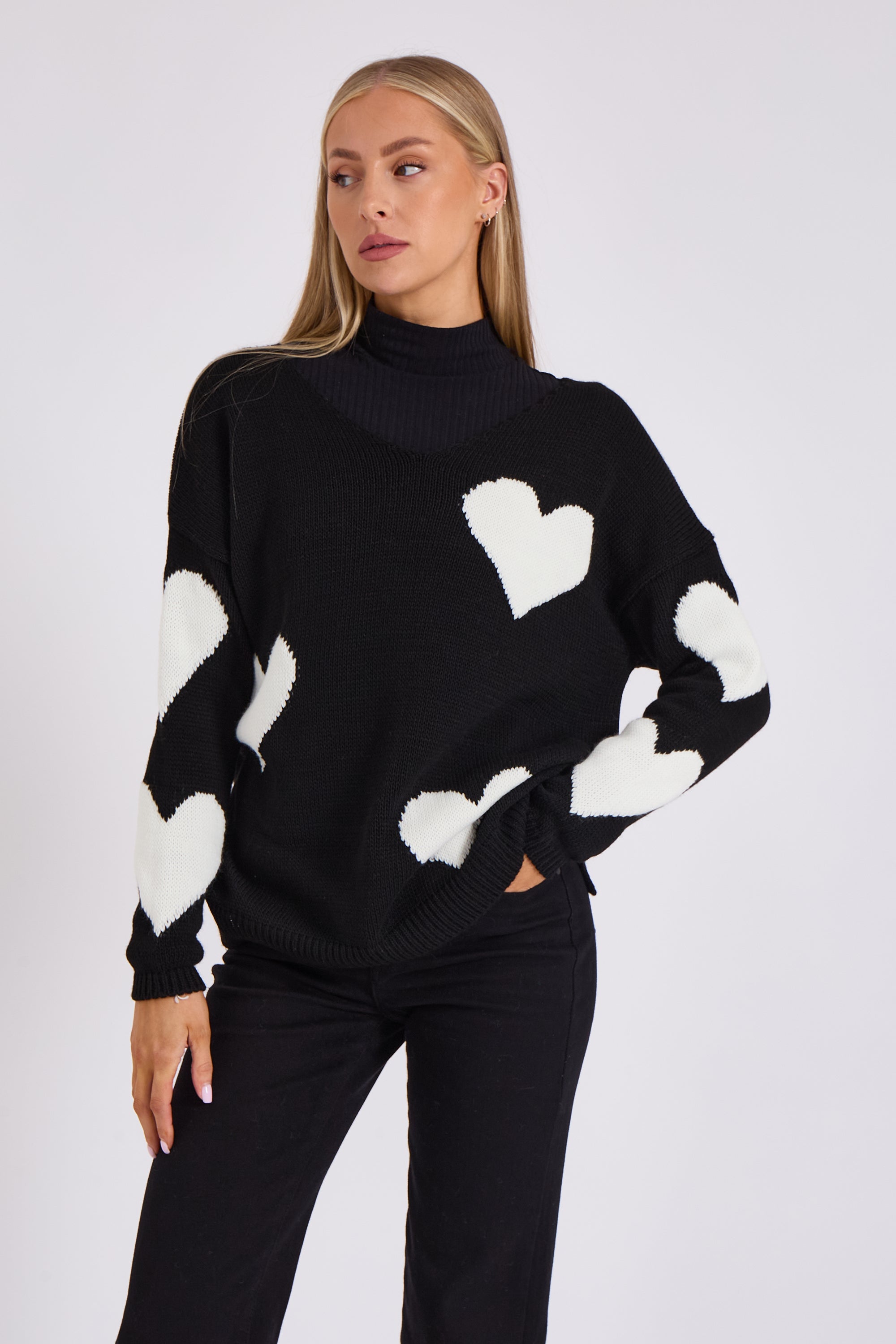 Black V Neck Oversized Heart Knit Jumper