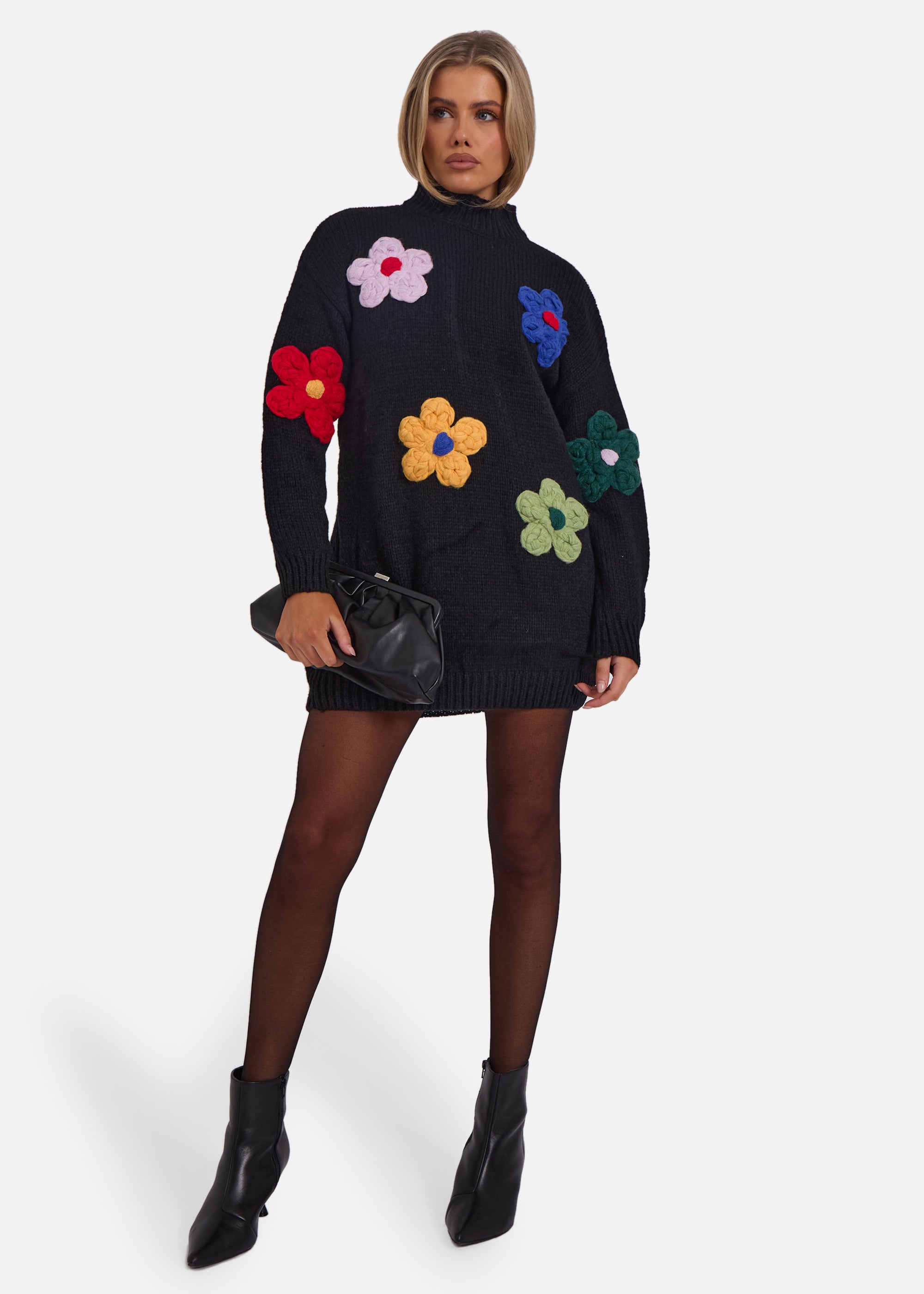 Black Floral Appliqué High Neck Oversized Jumper