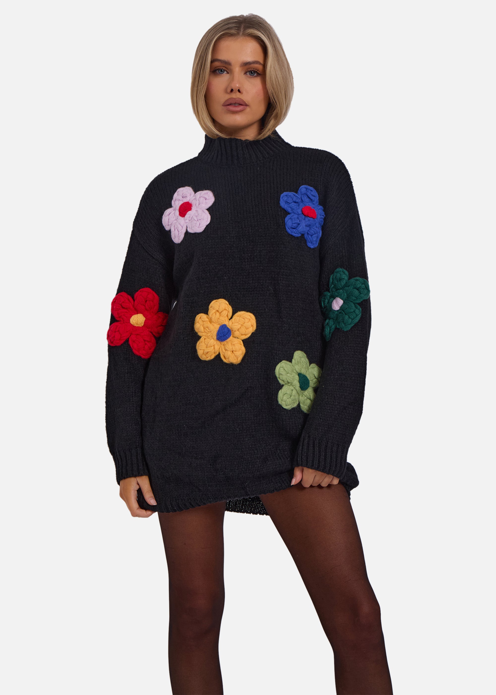 Black Floral Appliqué High Neck Oversized Jumper