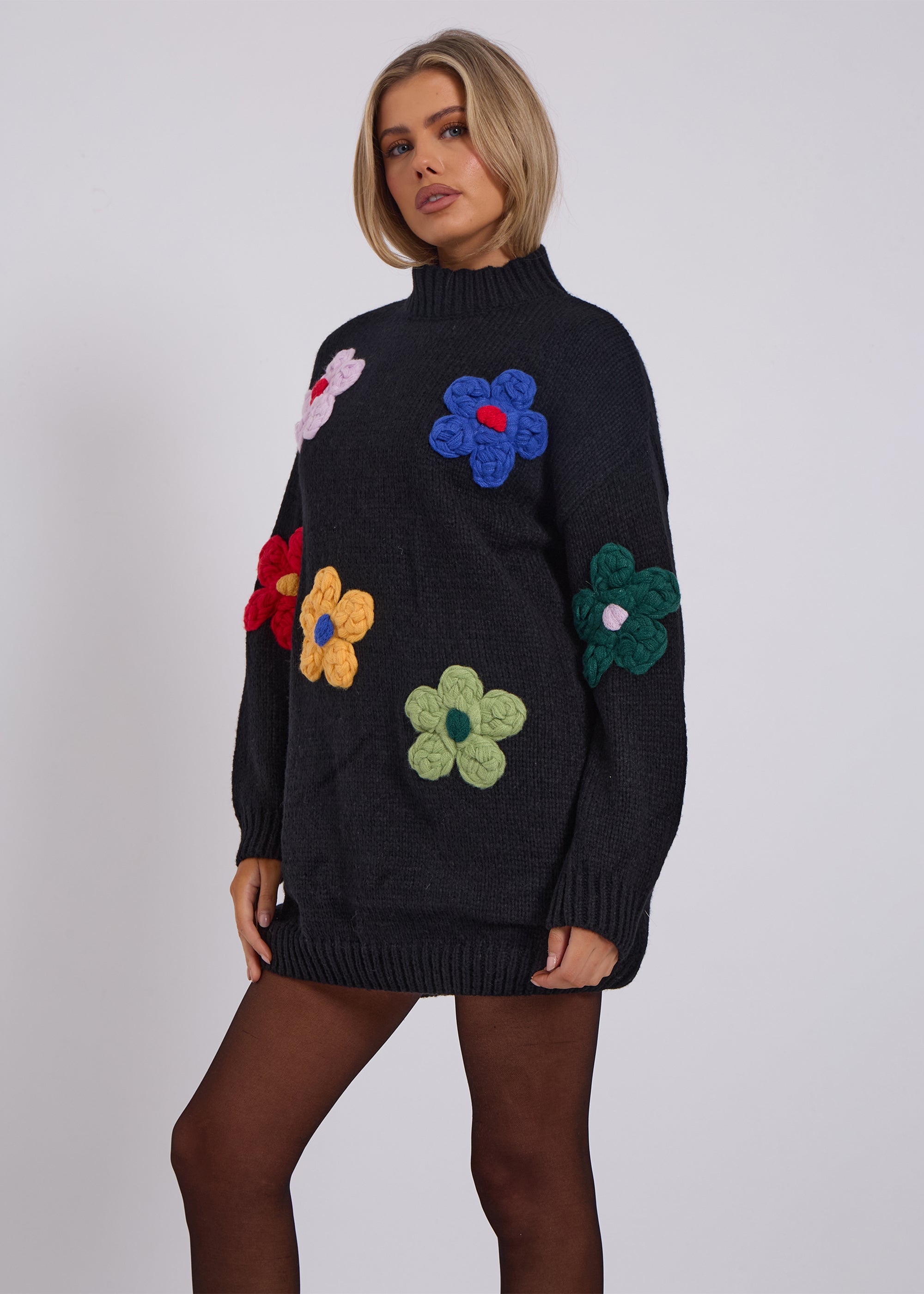 Black Floral Appliqué High Neck Oversized Jumper