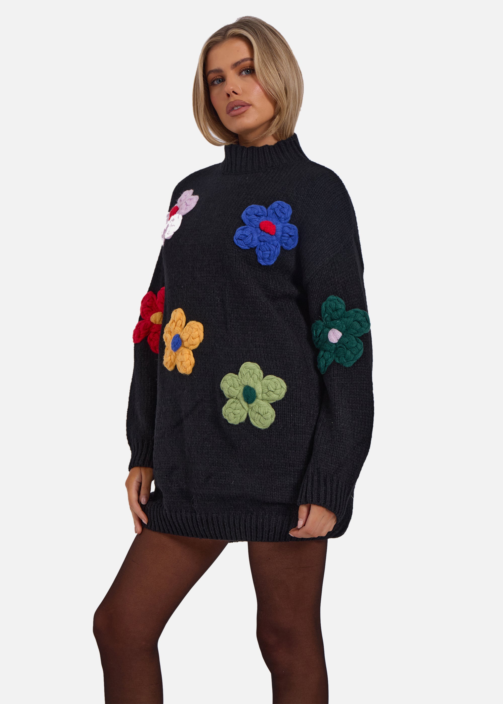 Black Floral Appliqué High Neck Oversized Jumper