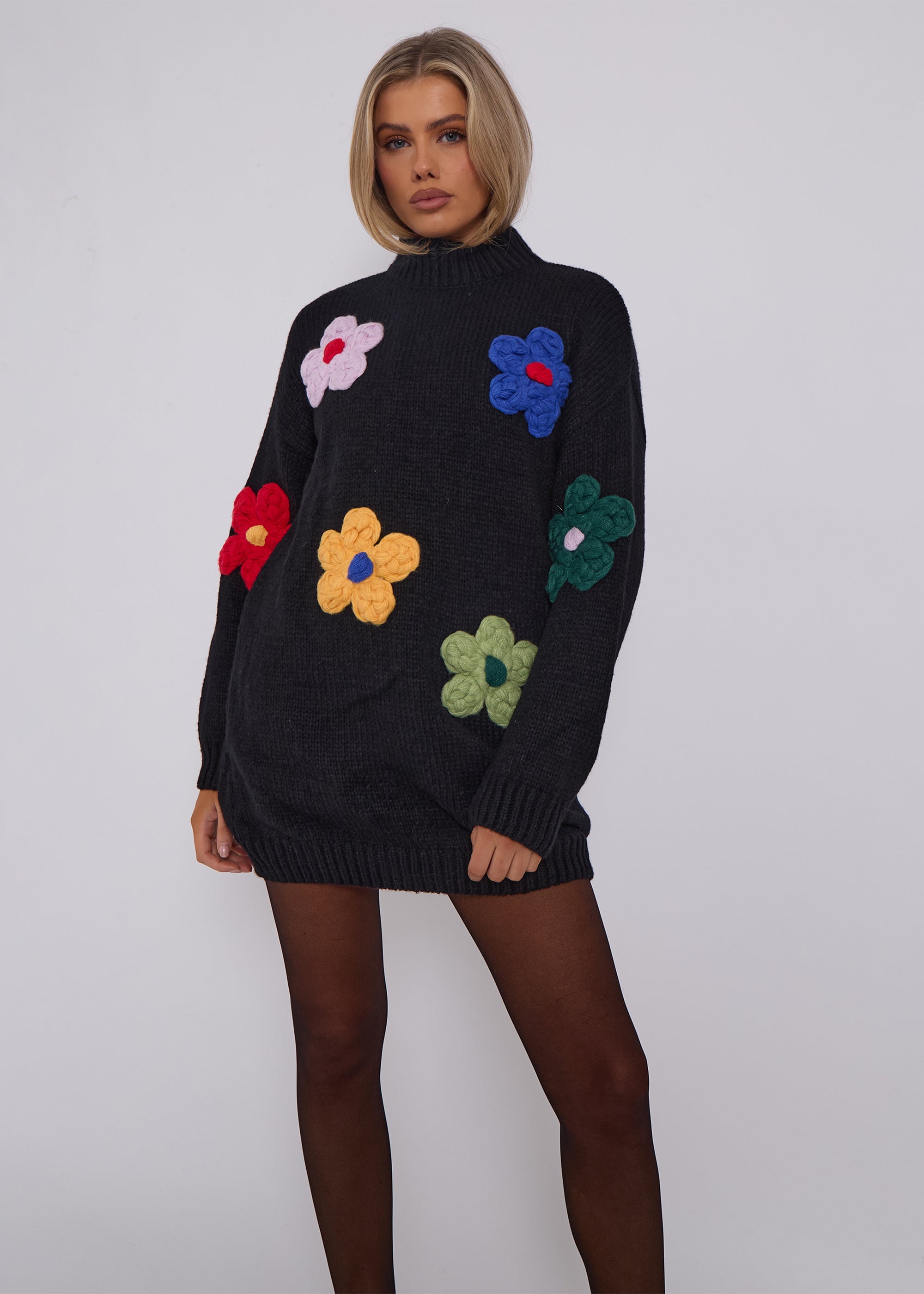 Black Floral Appliqué High Neck Oversized Jumper