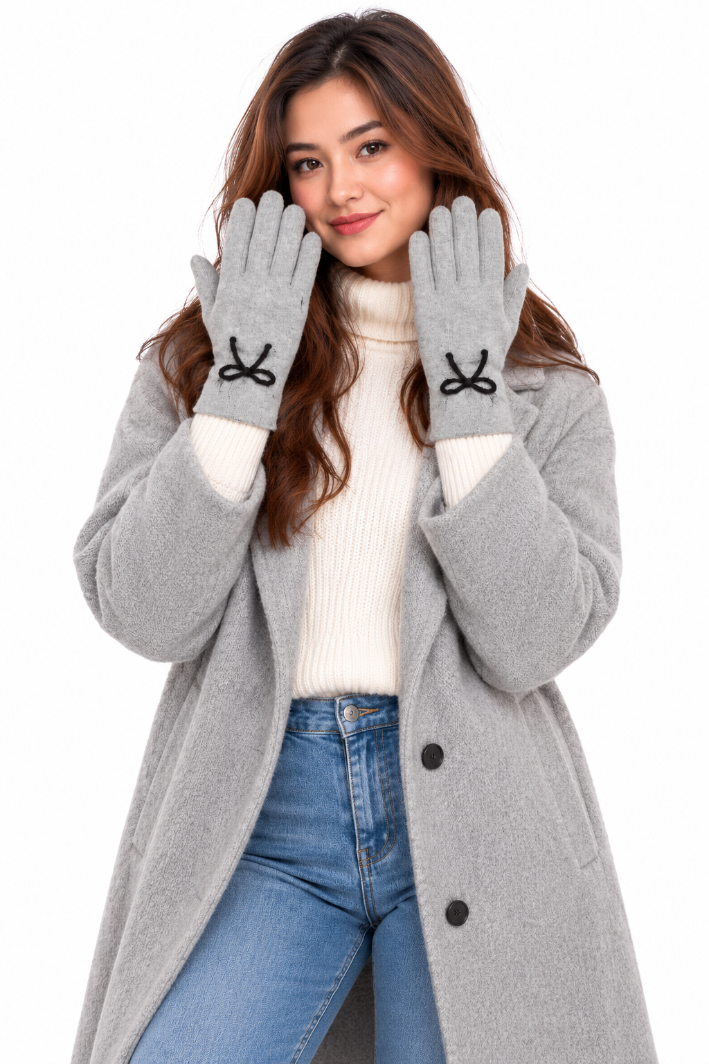 Gini London Grey Bow Detail Knit Gloves