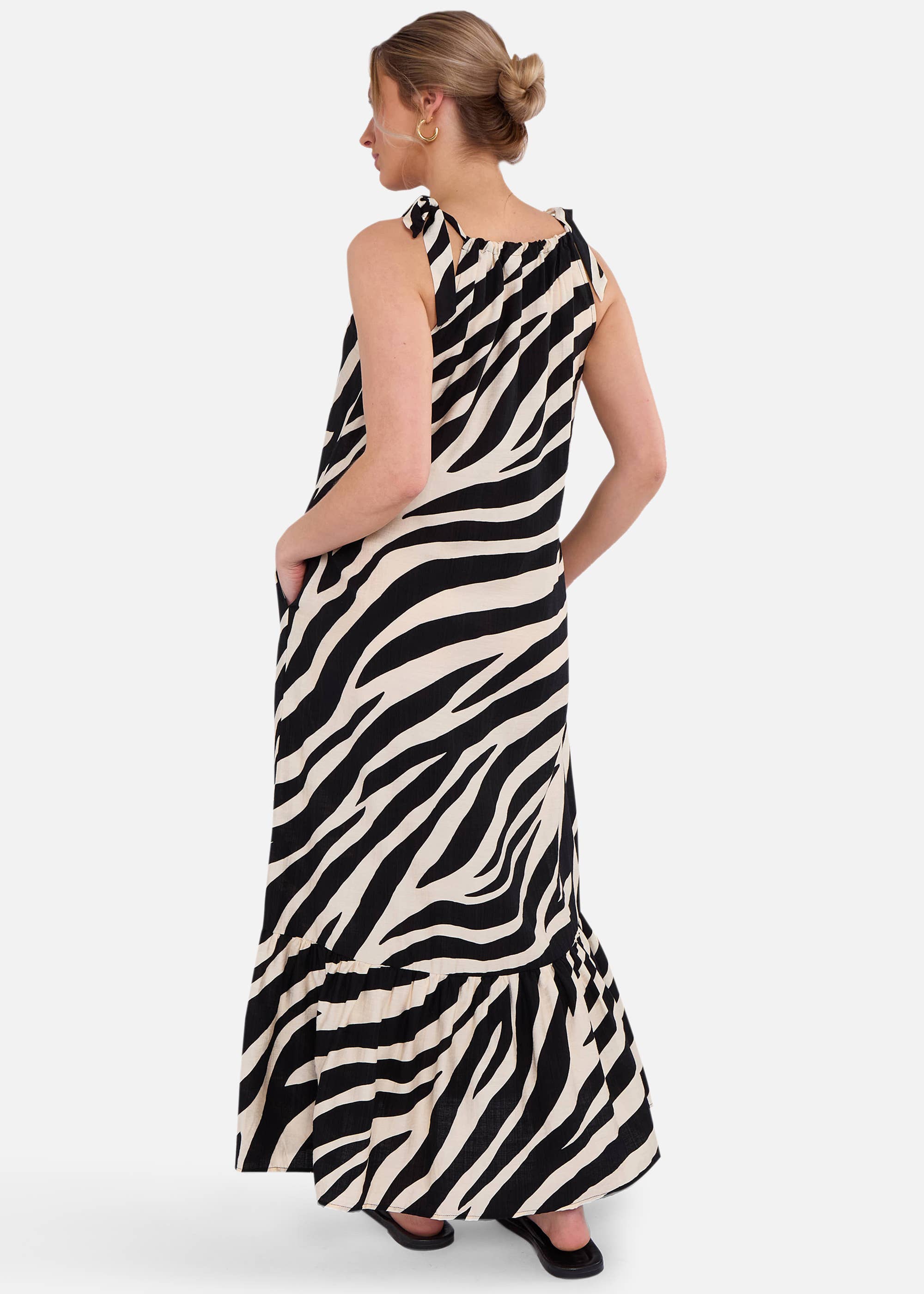 Mono Zebra Print Tie Shoulder Maxi Dress