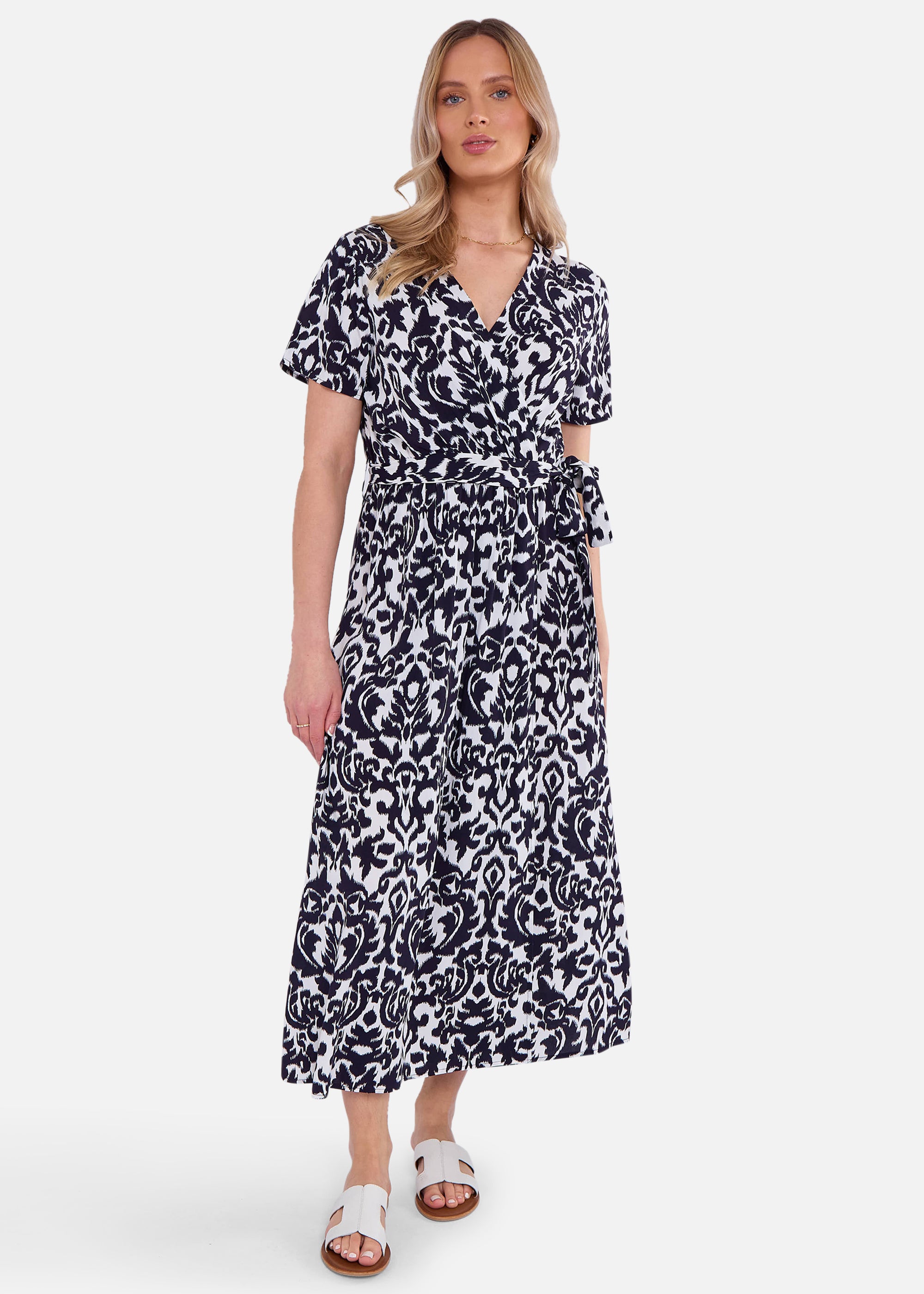 Short Sleeves Viscose Wrap Midi Dress