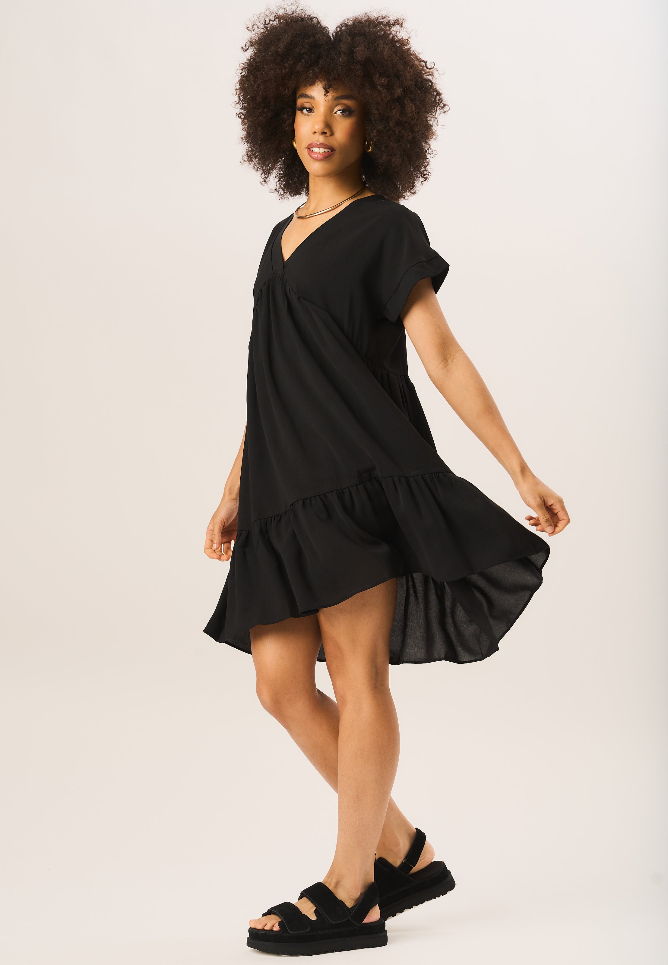 Black V Neck Tiered Mini Smock Dress