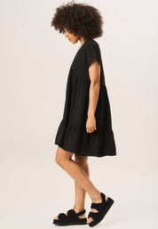 Black V Neck Tiered Mini Smock Dress