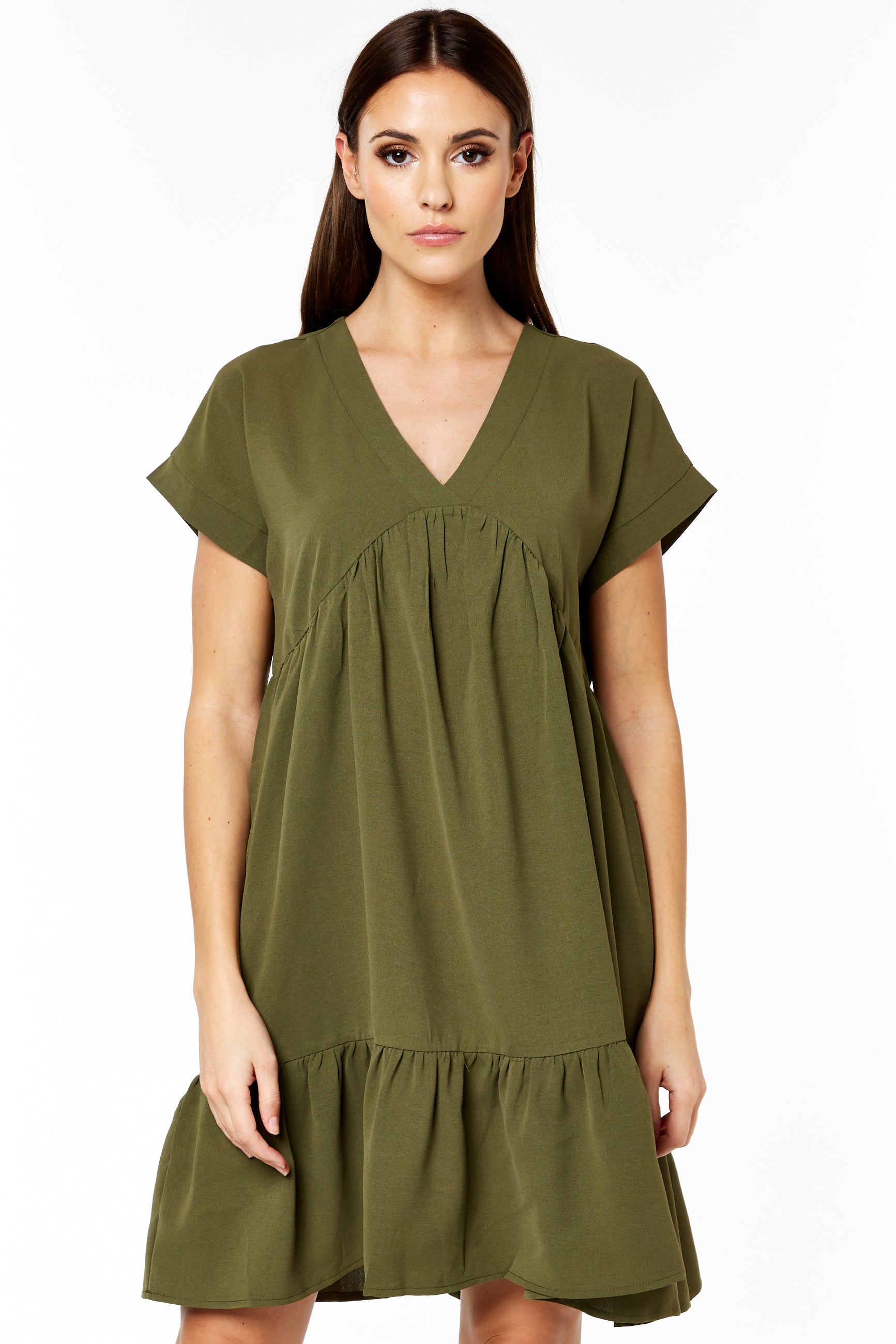 Khaki V Neck Tiered Mini Smock Dress