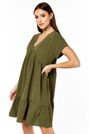 Khaki V Neck Tiered Mini Smock Dress