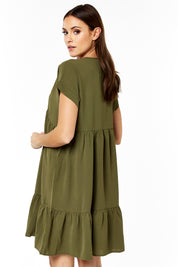 Khaki V Neck Tiered Mini Smock Dress