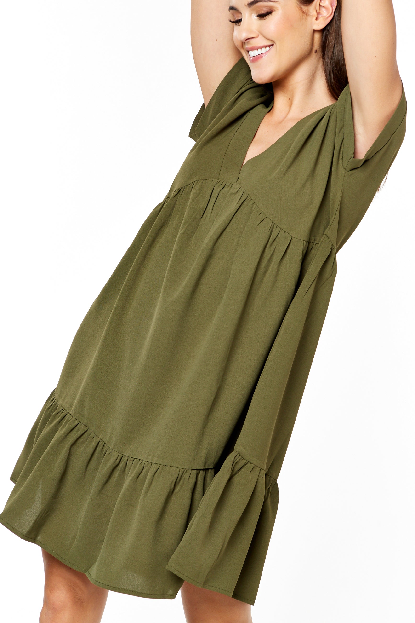 Khaki V Neck Tiered Mini Smock Dress