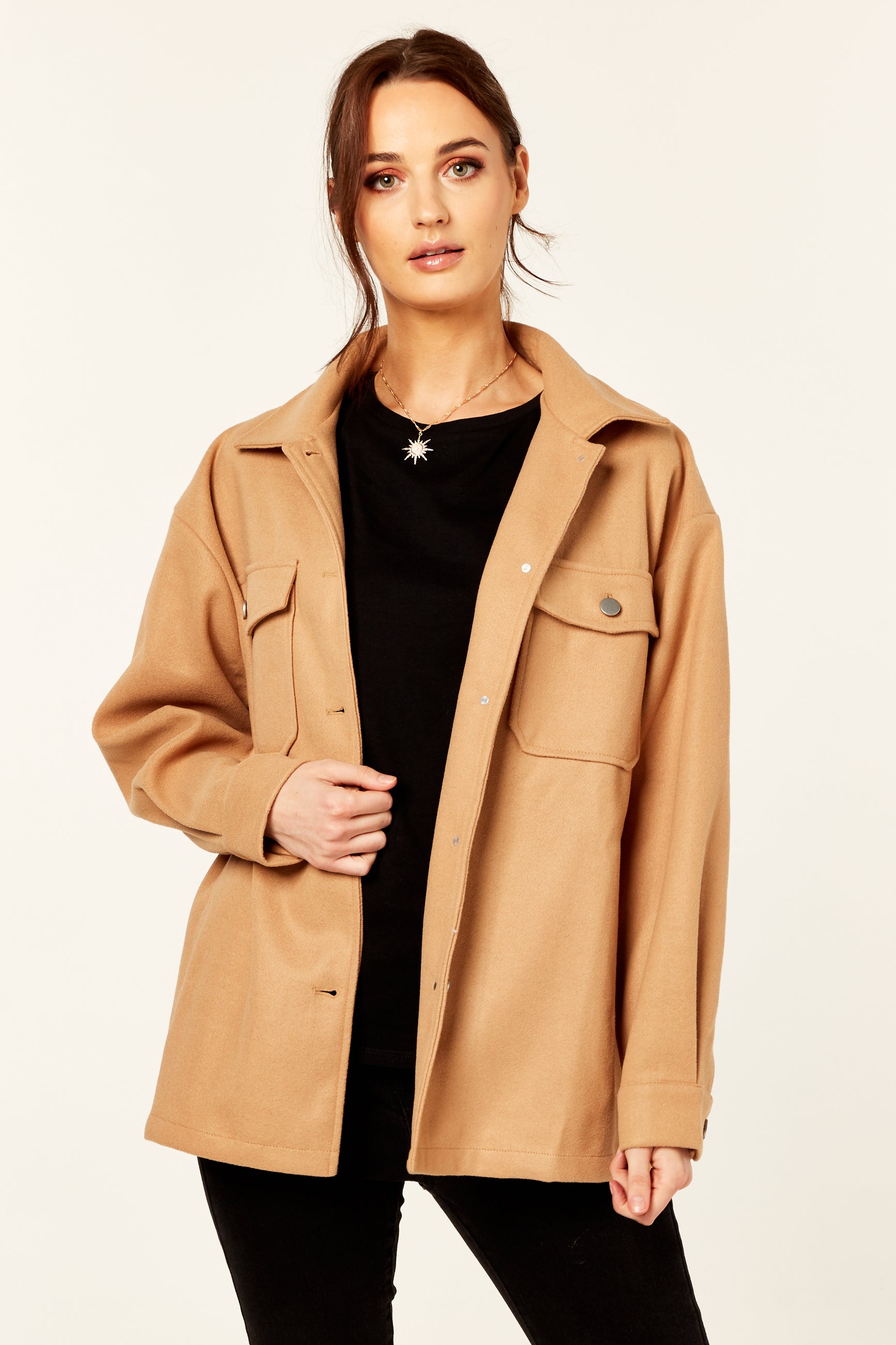 Camel Oversized Pocket Detail Shacket