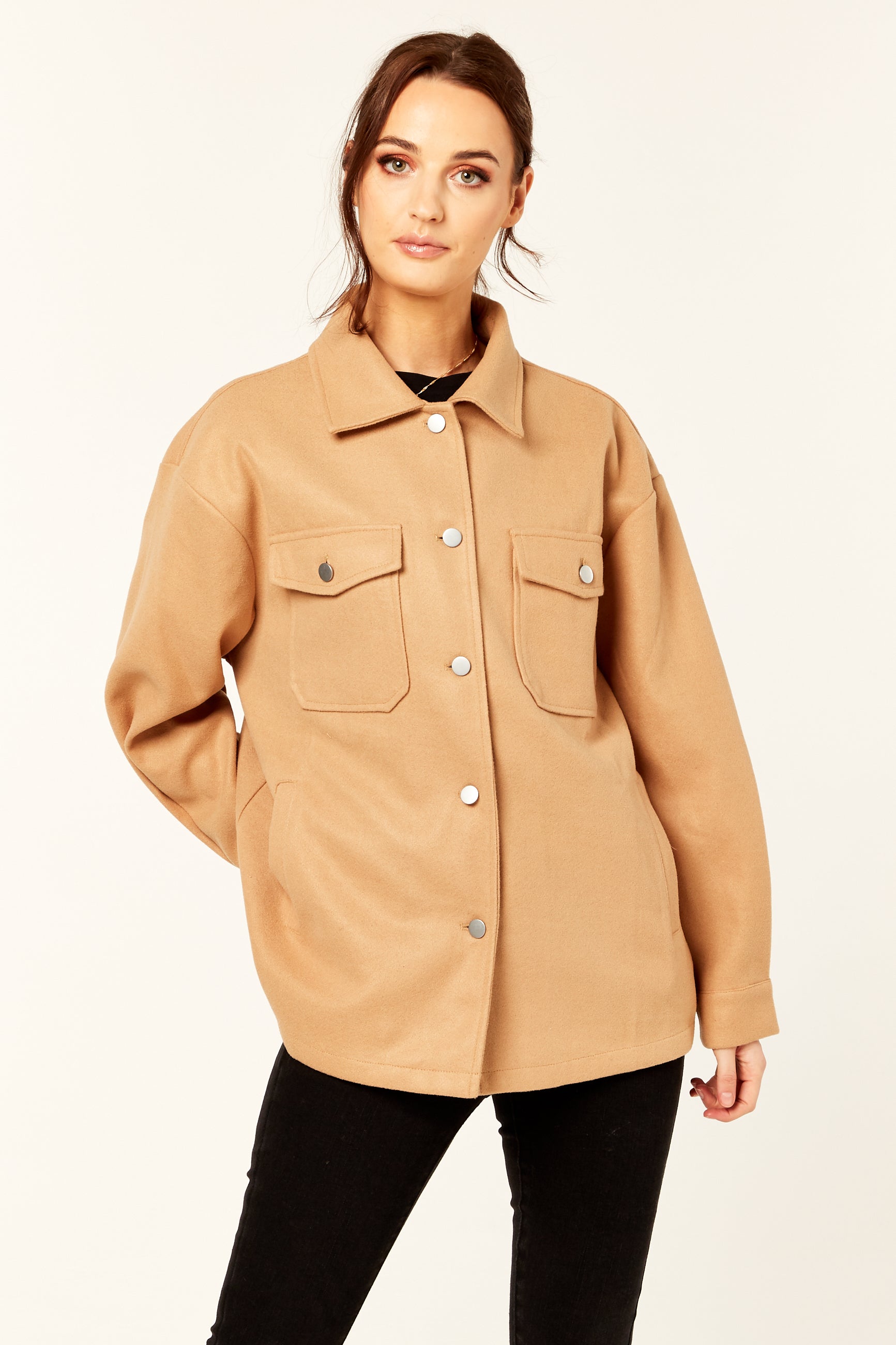 Camel Oversized Pocket Detail Shacket