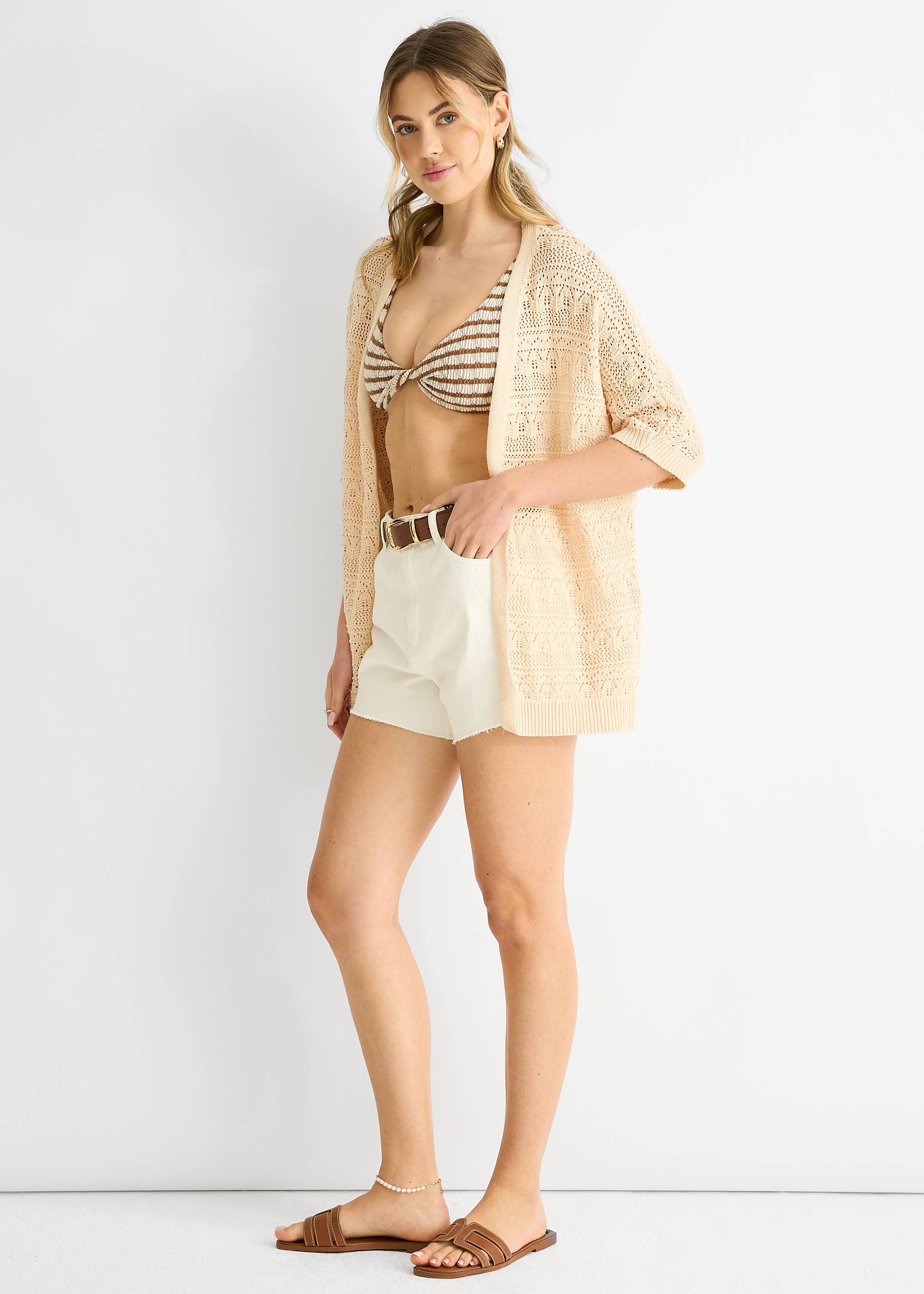 Beige Crochet Knit Edge to Edge Cardigan