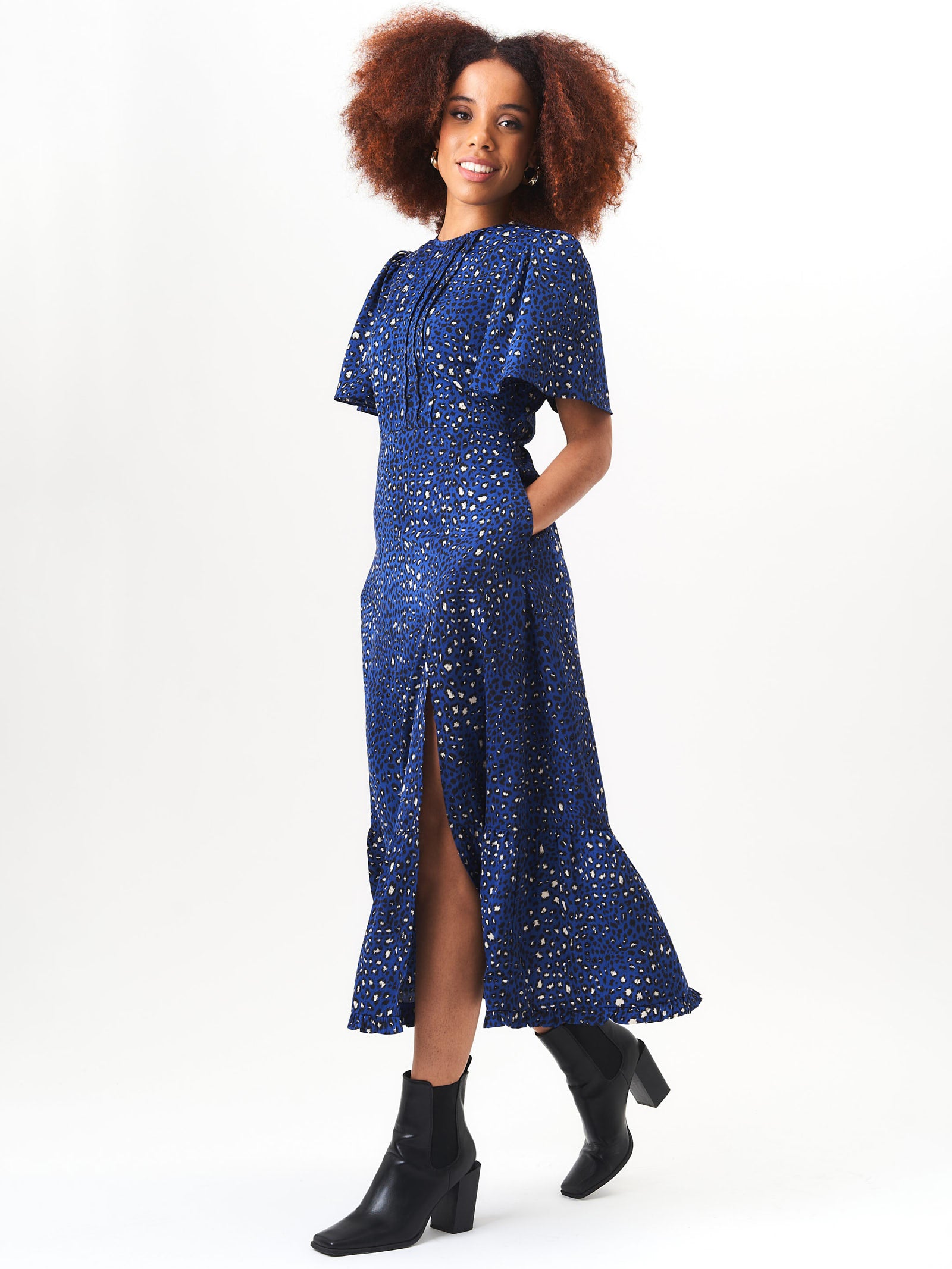 Navy Animal Print Angel Sleeves Midi Dress