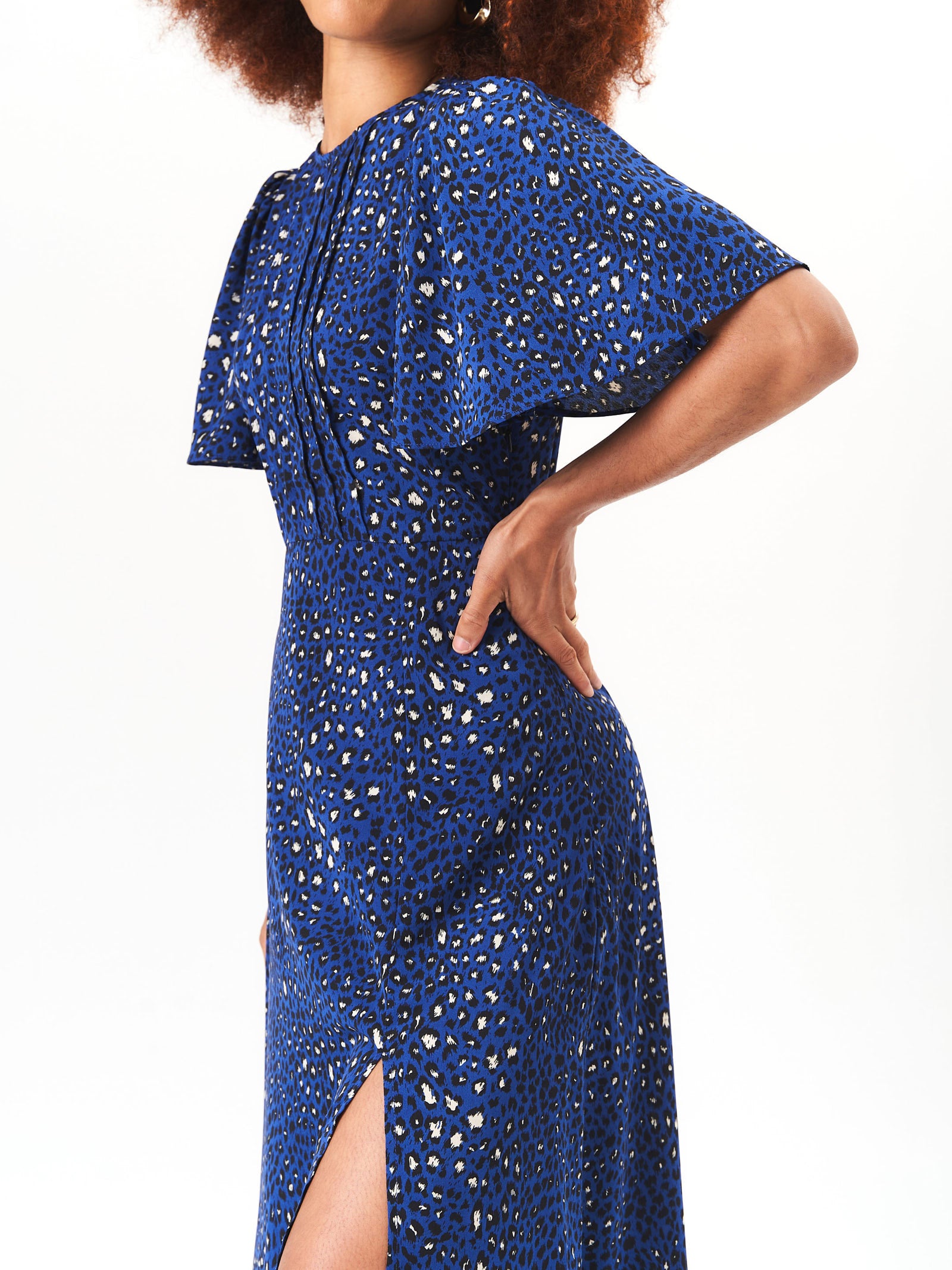 Navy Animal Print Angel Sleeves Midi Dress