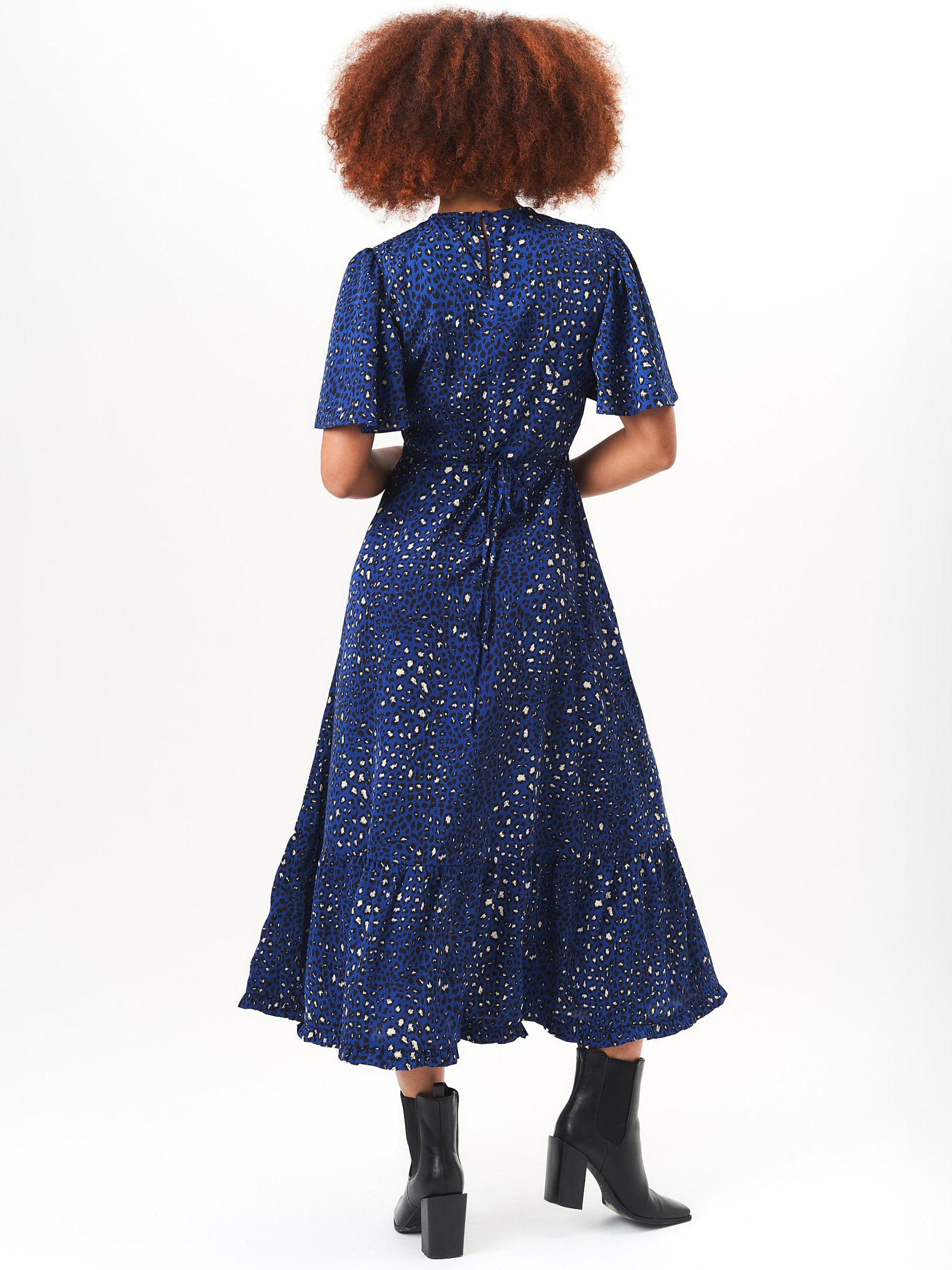 Navy Animal Print Angel Sleeves Midi Dress