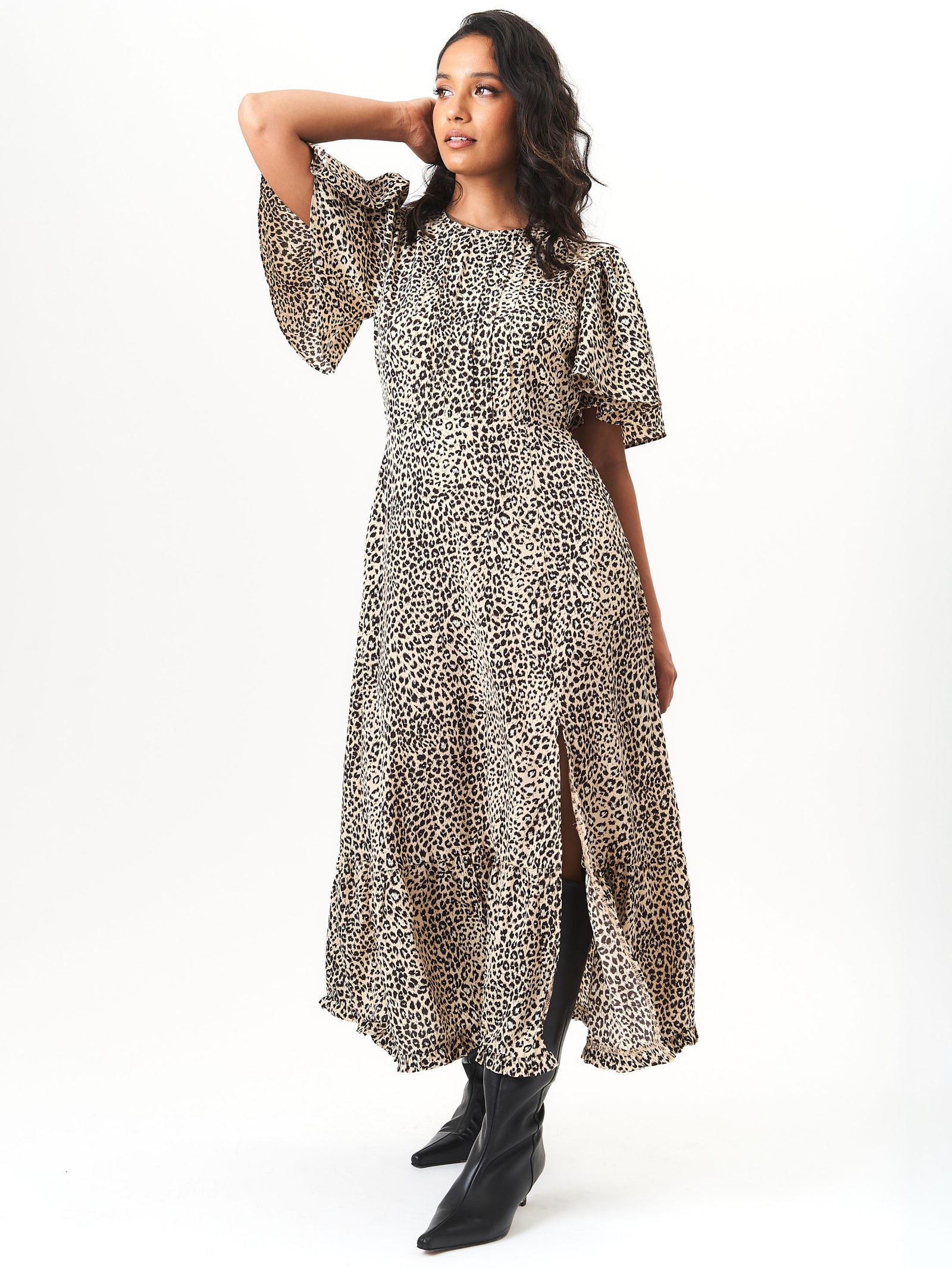 Beige Animal Print Angel Sleeves Midi Dress