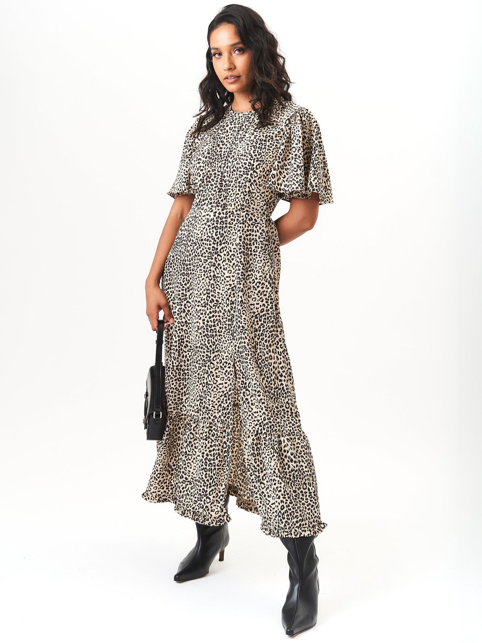 Beige Animal Print Angel Sleeves Midi Dress