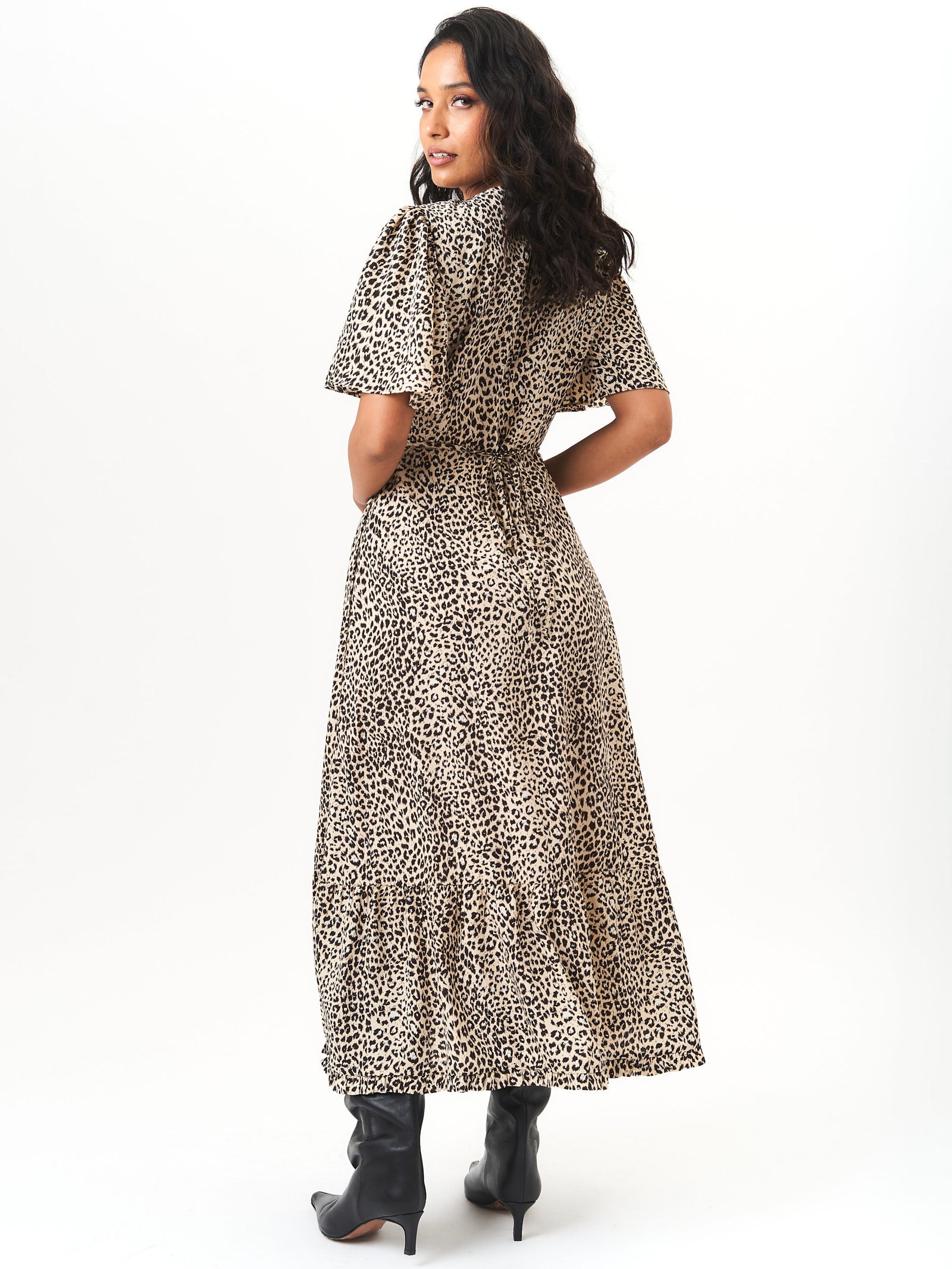 Beige Animal Print Angel Sleeves Midi Dress