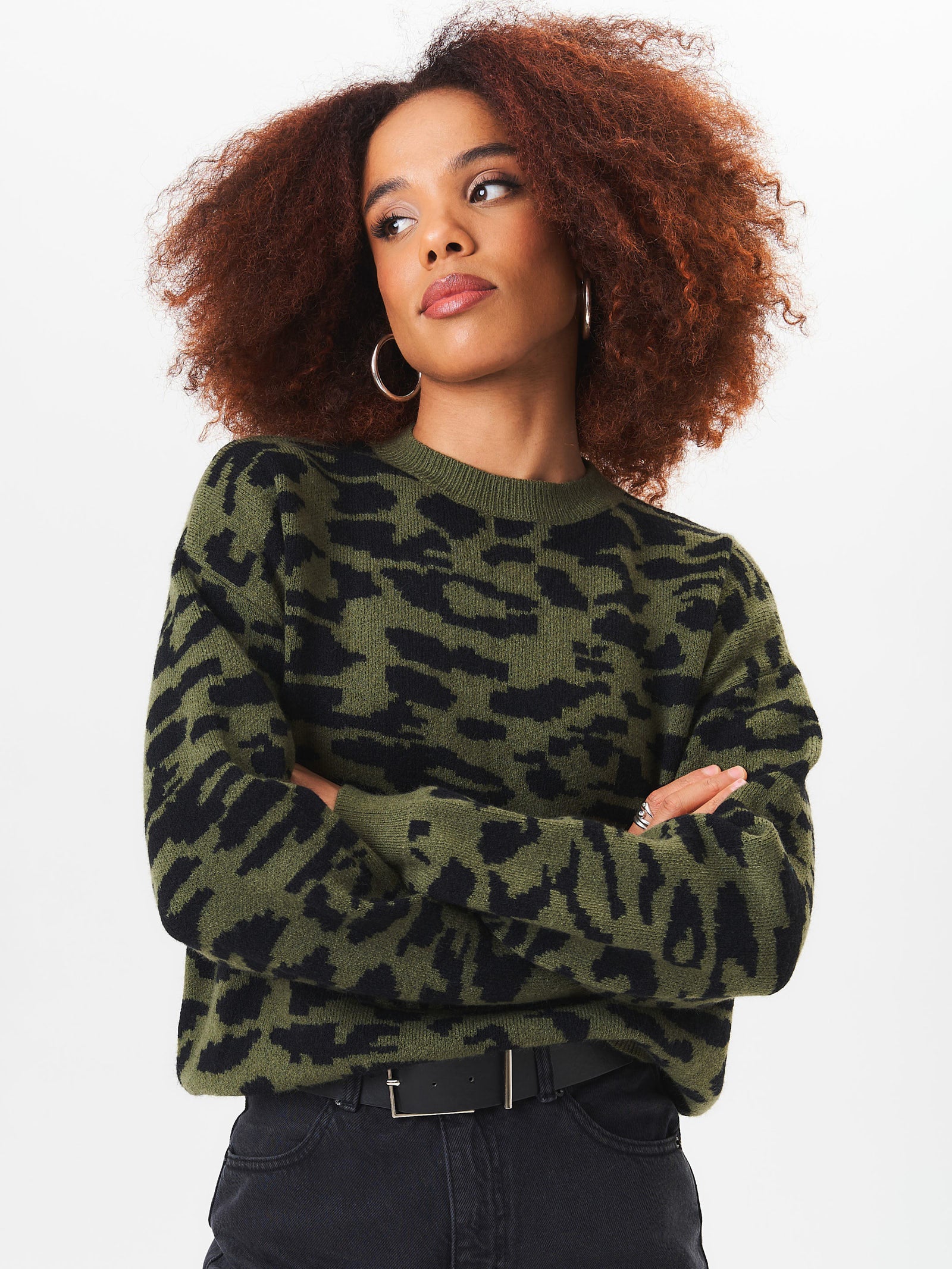 Khaki Animal Print Crew Neck Knit Jumper