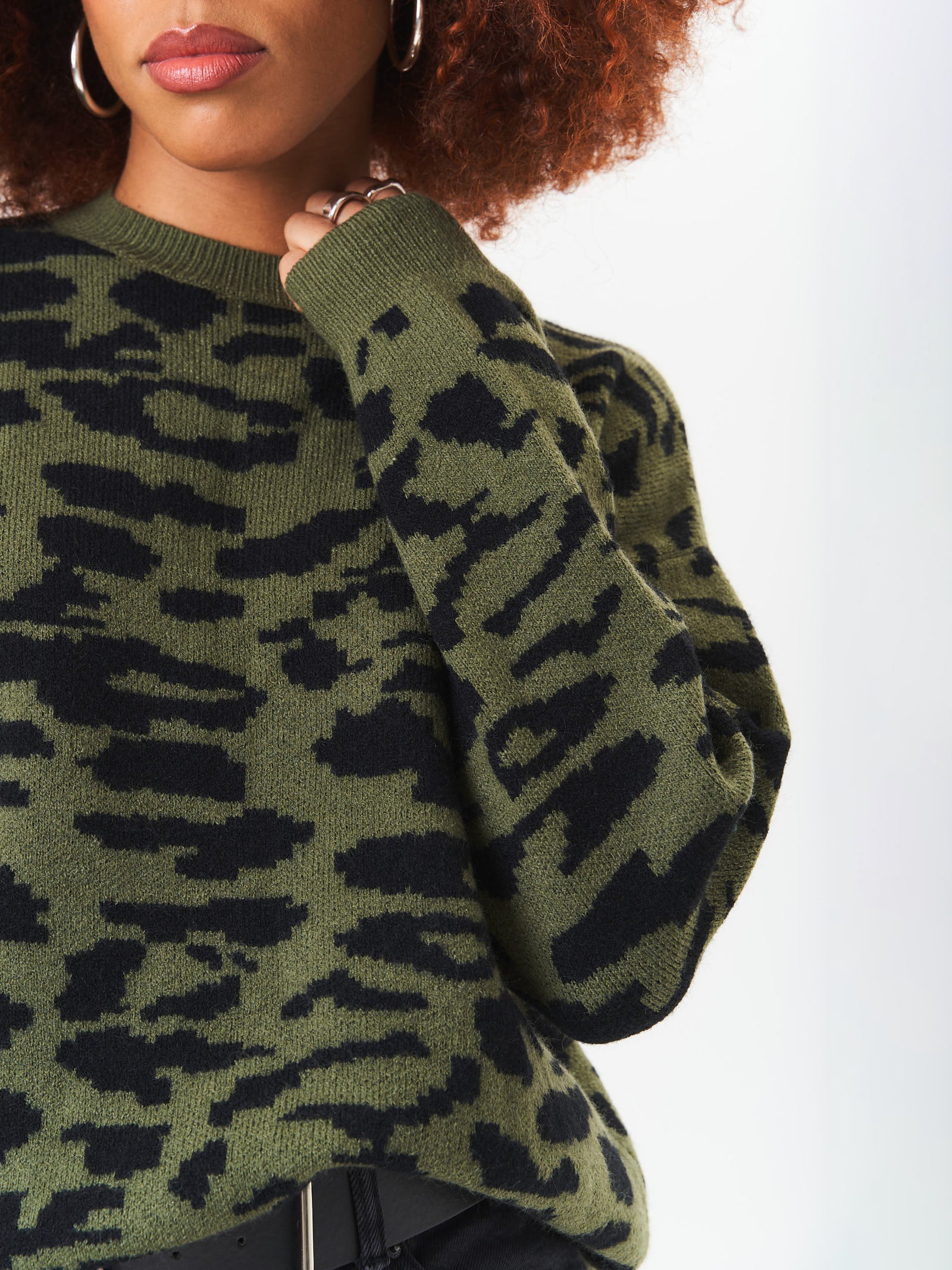 Khaki Animal Print Crew Neck Knit Jumper